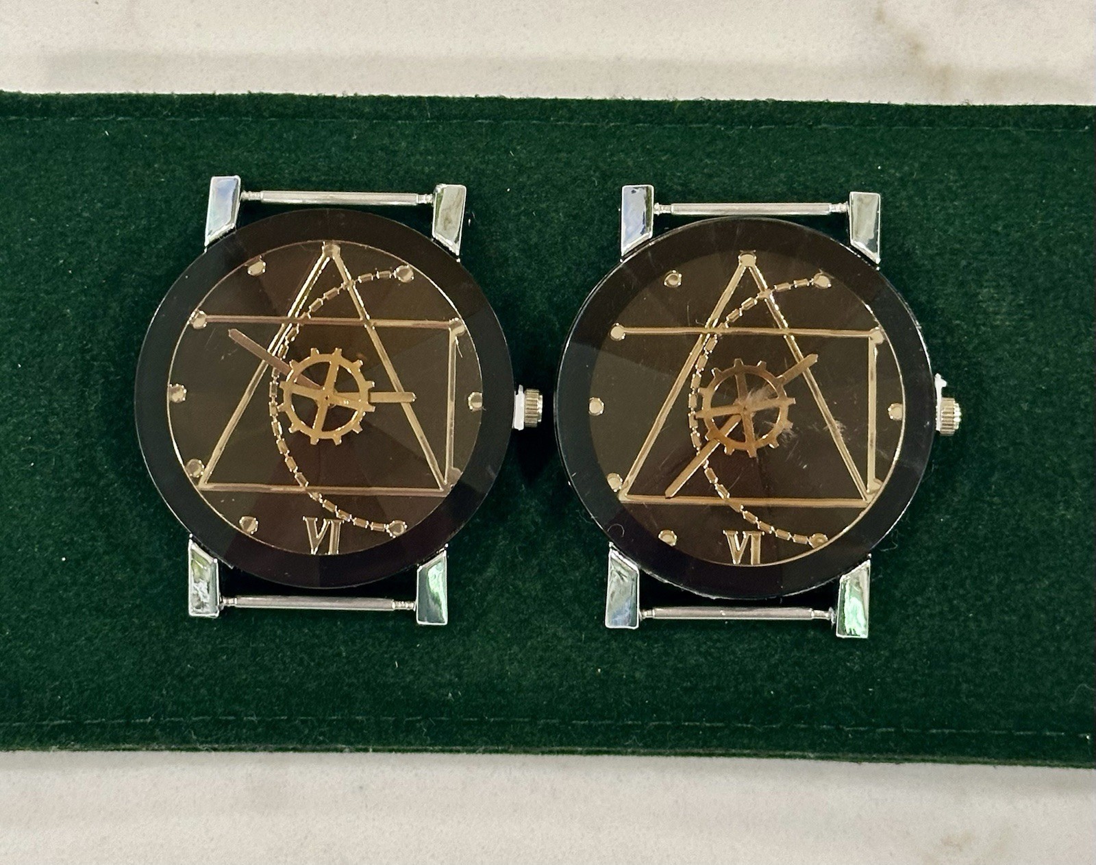 Geometric Moving Gear Black/Gold Tone Faceted Crystal 40mm Watch x2, NOS*