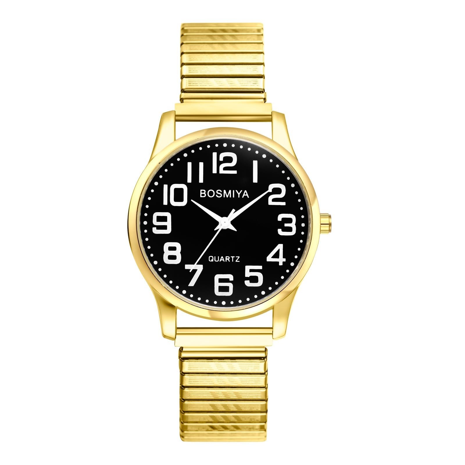 Stylish Men’s Elastic Watch – Stretch Band, Large Clear Dial, Easy to Read, Gold
