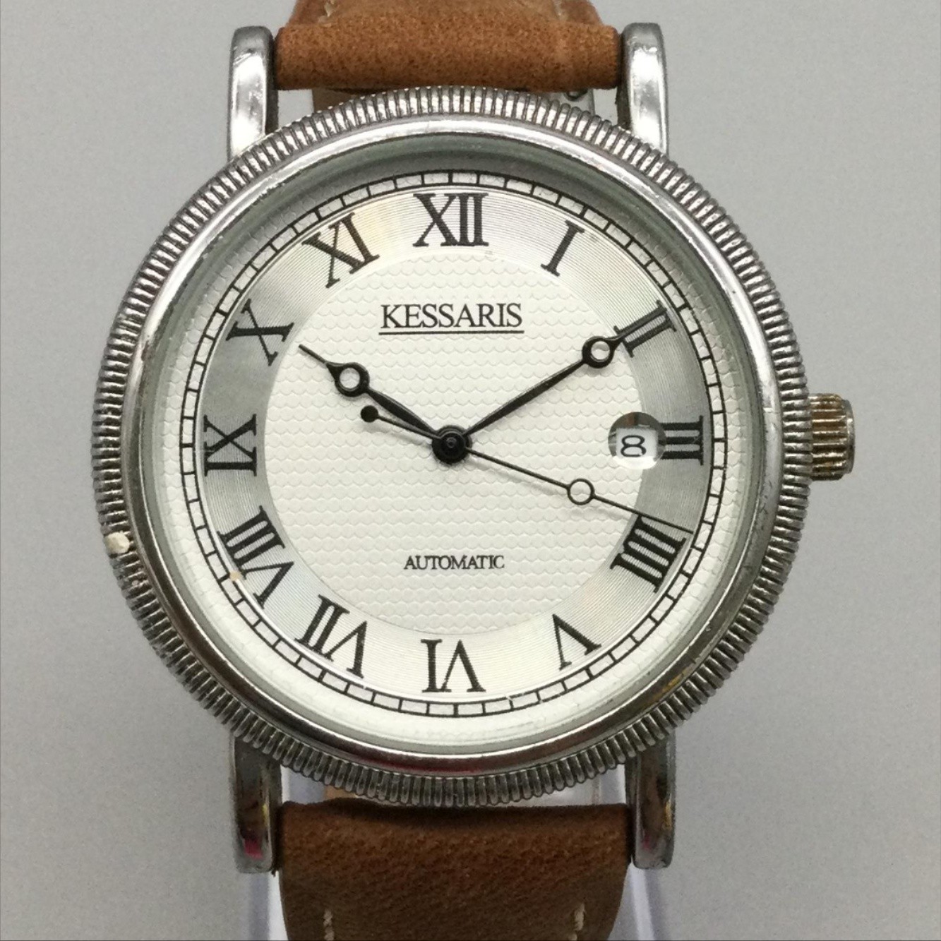 Kessaris Mens Watch 40mm Silver Tone Brown Leather Band Automatic Date