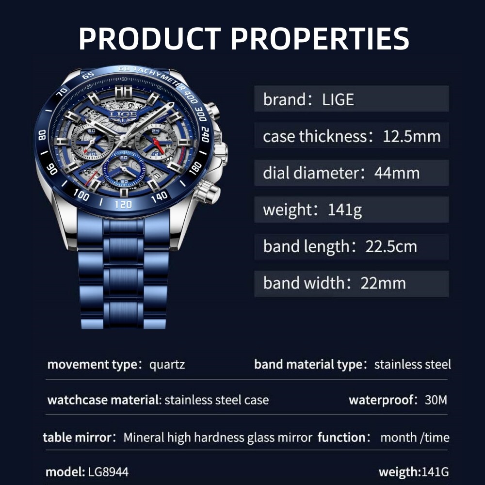 LIGE Men Watch Quartz Mechanical Date 3ATM Waterproof Stainless Steel Wristwatch