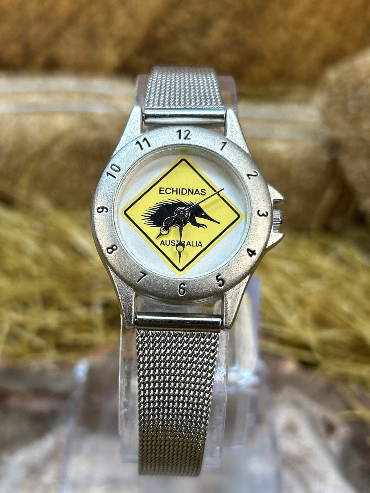Australia Echidnas Road Sign Ladies Watch Silver Tone Mesh Band Graphic Dial