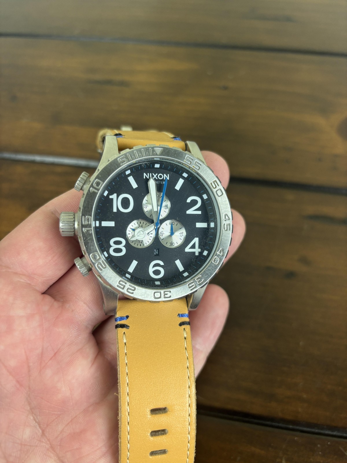 Nixon 51-30 Chrono Stainless Steel Case w/ Black Silver Dial & Brown Leather **