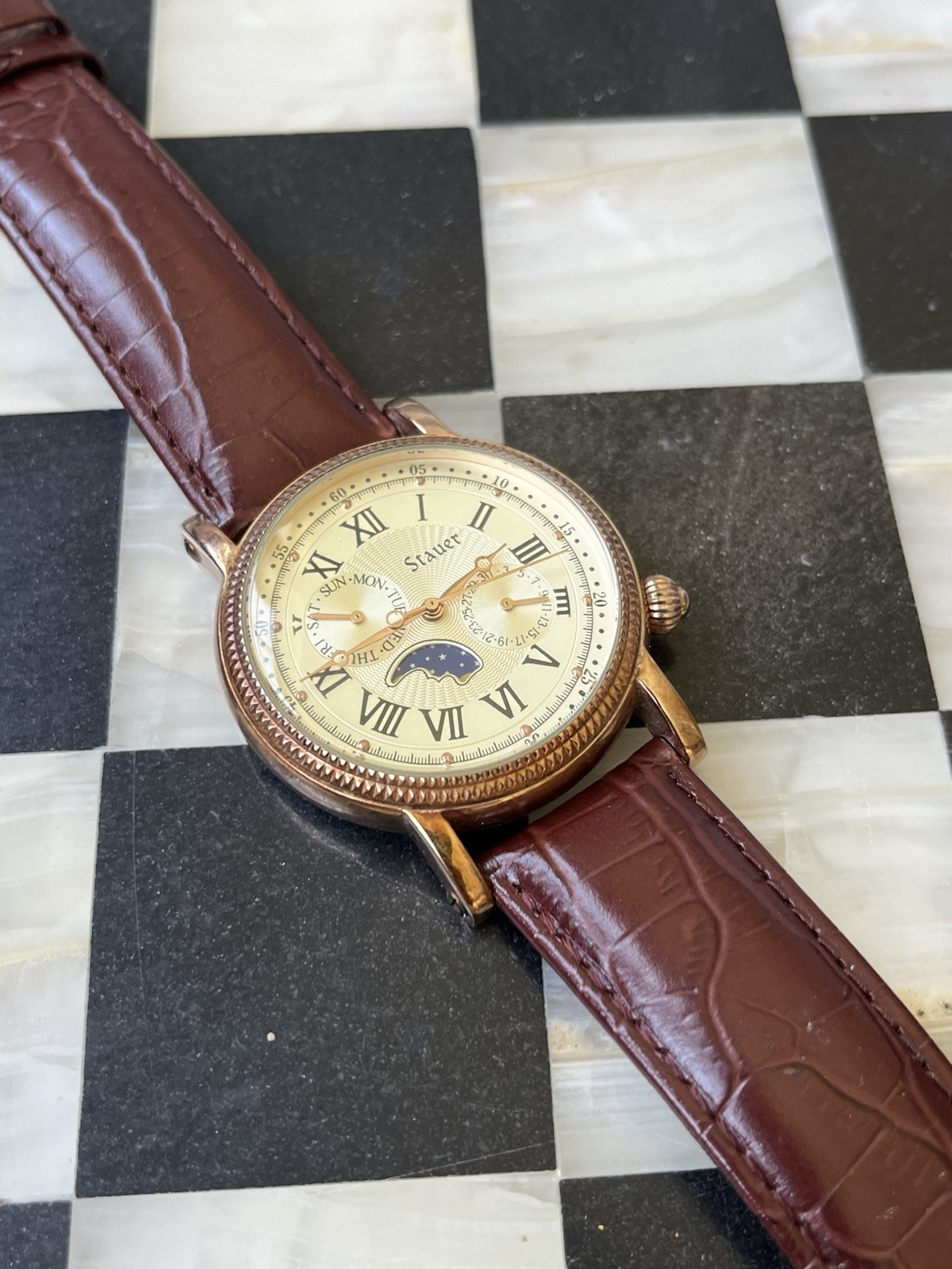 Stauer Moon Phase Quartz Day Date Watch Brown Leather Strap Rose Gold – 20390