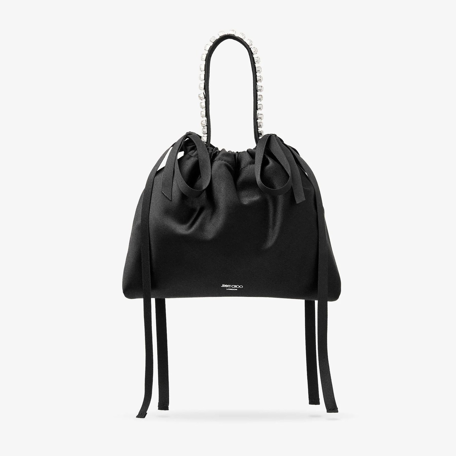 Jimmy Choo Drawstring Mini Top Handle Bow-Embellished Black Satin Shoulder Bag