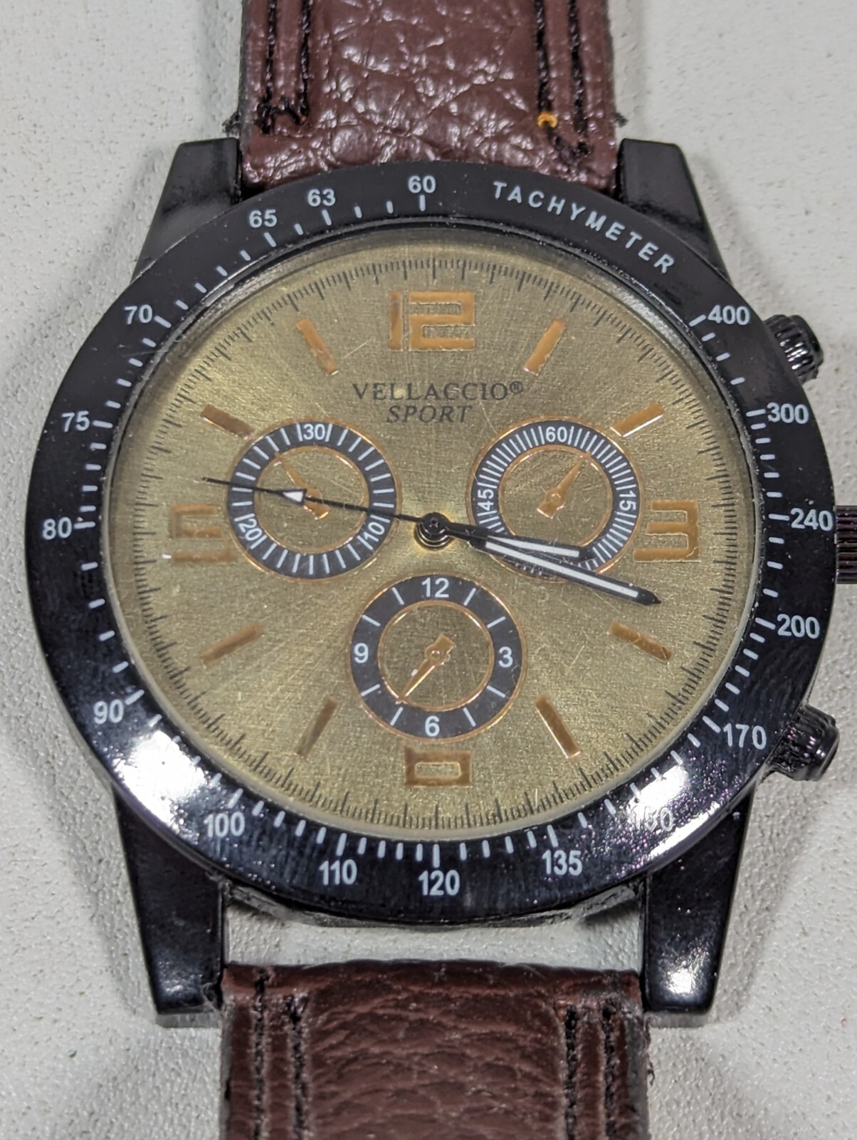 Vellaccio Sport Green Metallic Dial Black Case Brown Band Watch 8.5 Inch Mens