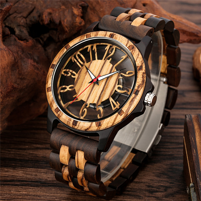Men’s Luxury Quartz Wood Watch Full Wooden Unique Hollow Dial Wristwatches Gifts