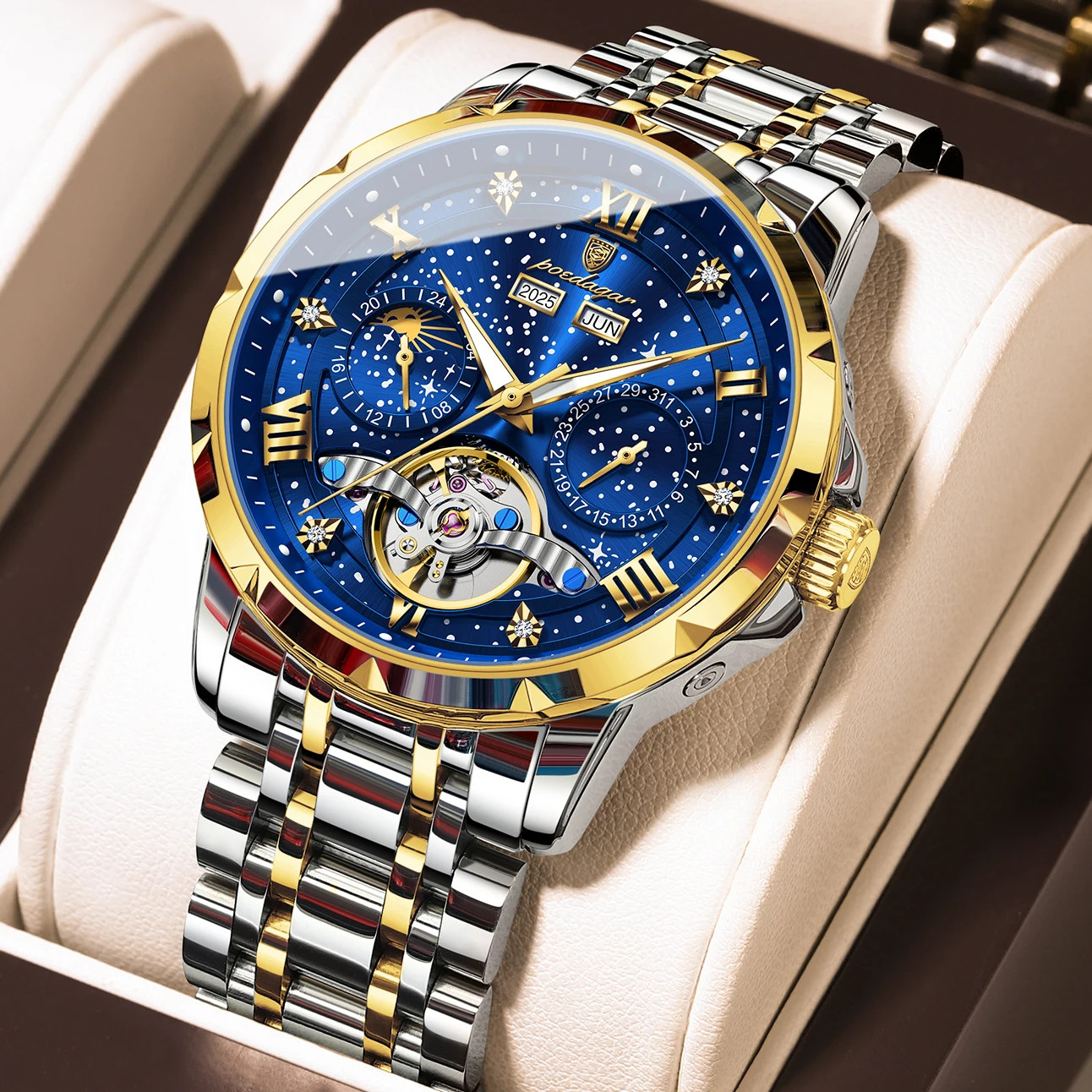 Luxury Men’s Steel Automatic Mechanical Watch, Tourbillon and Case