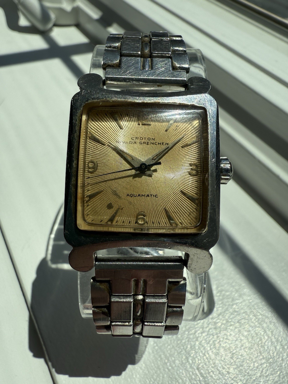 Vintage Croton Nivada Grenchen Aquamatic Tank Watch Patina Dial Nice Lugs