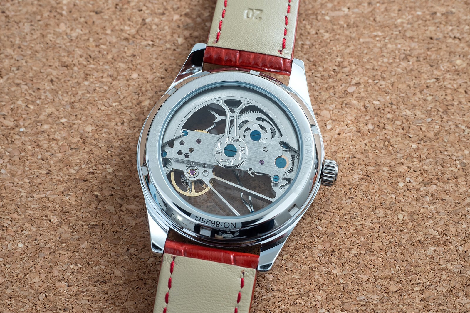 Mens Flywheel Bridge Movement Automatic Mechanical Watch Silver Red Leather Gift