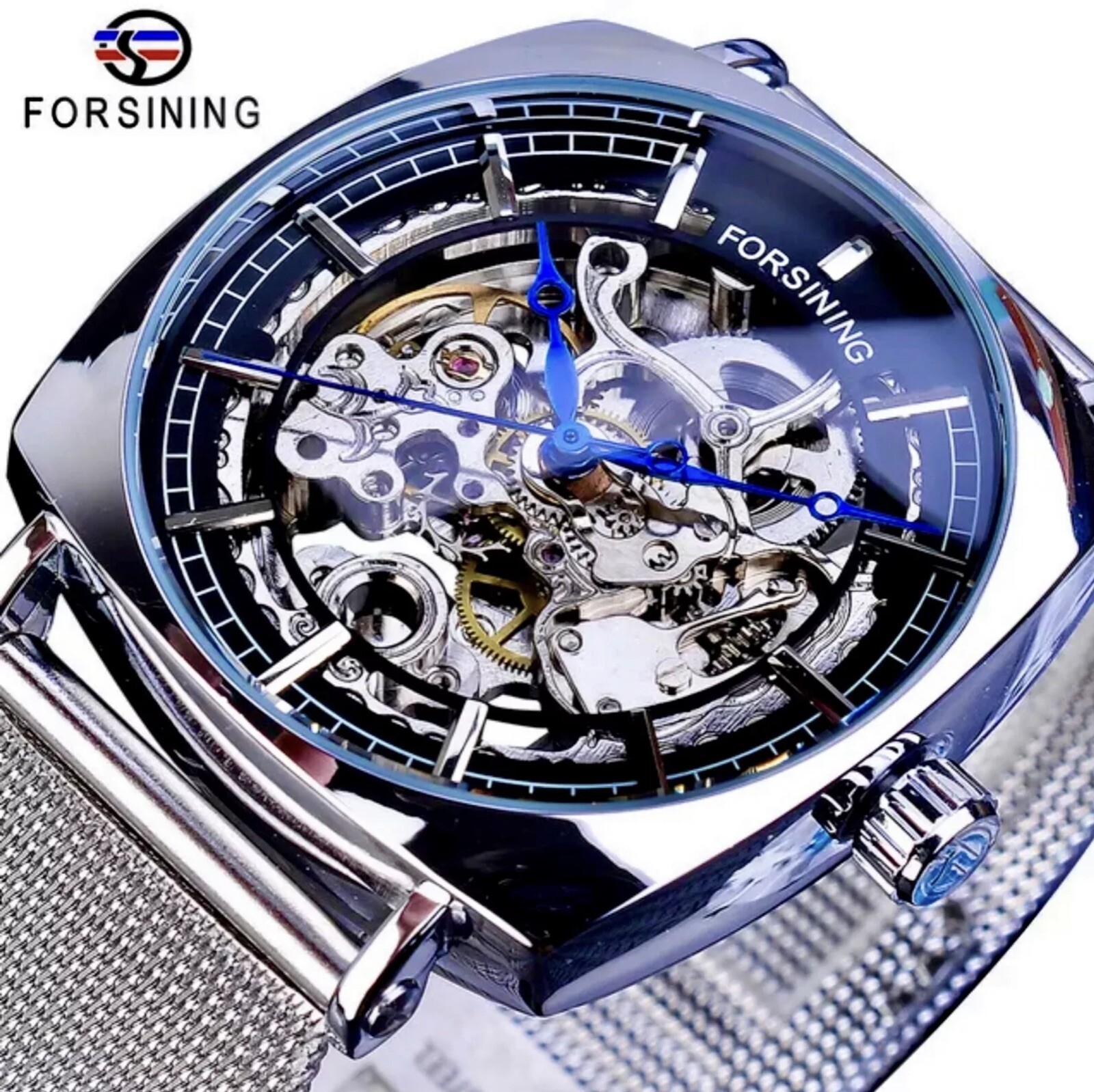 FORSINING Skeleton Transparent Self Winding Watch Stainless Mesh Band. Gift Idea
