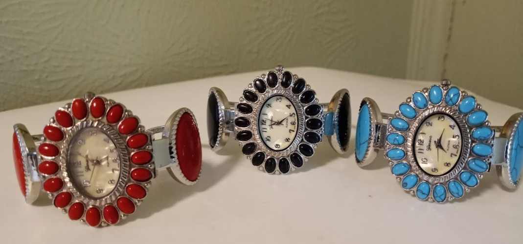 Lot of 3 Vintage Geneva Cuff Bracelet Watches Faux Coral Turquoise & Onyx (drw)