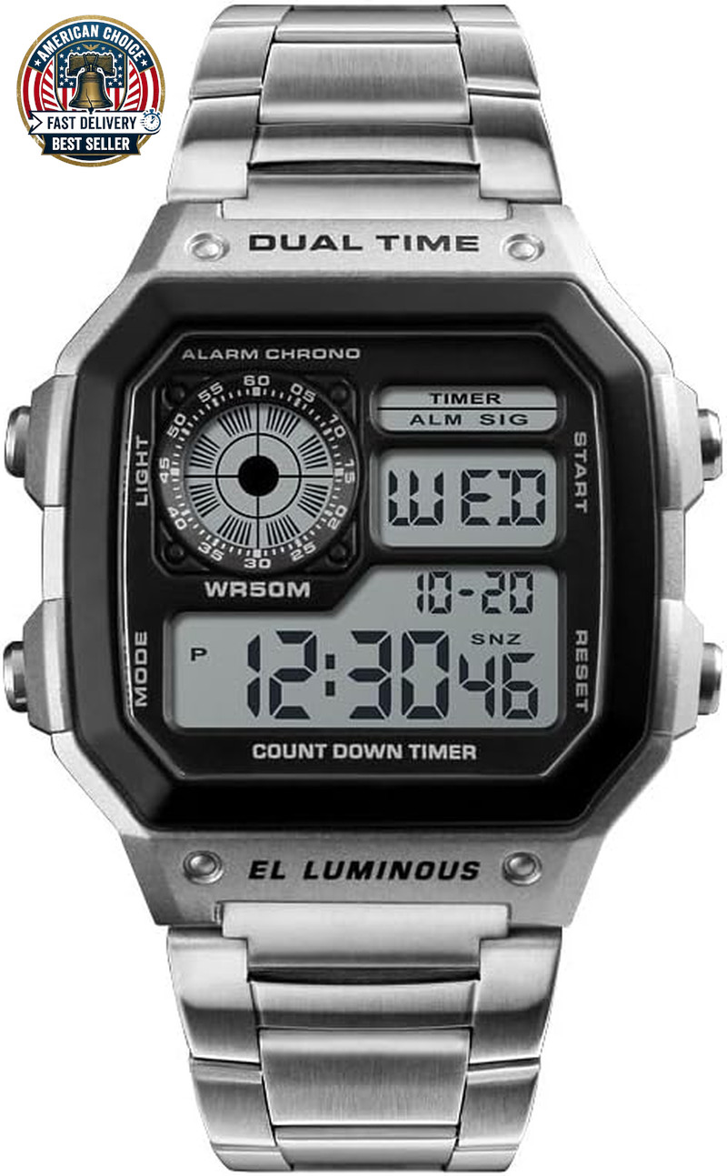 Men’S Digital Multi-Function Watches Dual Time Alarm Stopwatch Countdown Backlig