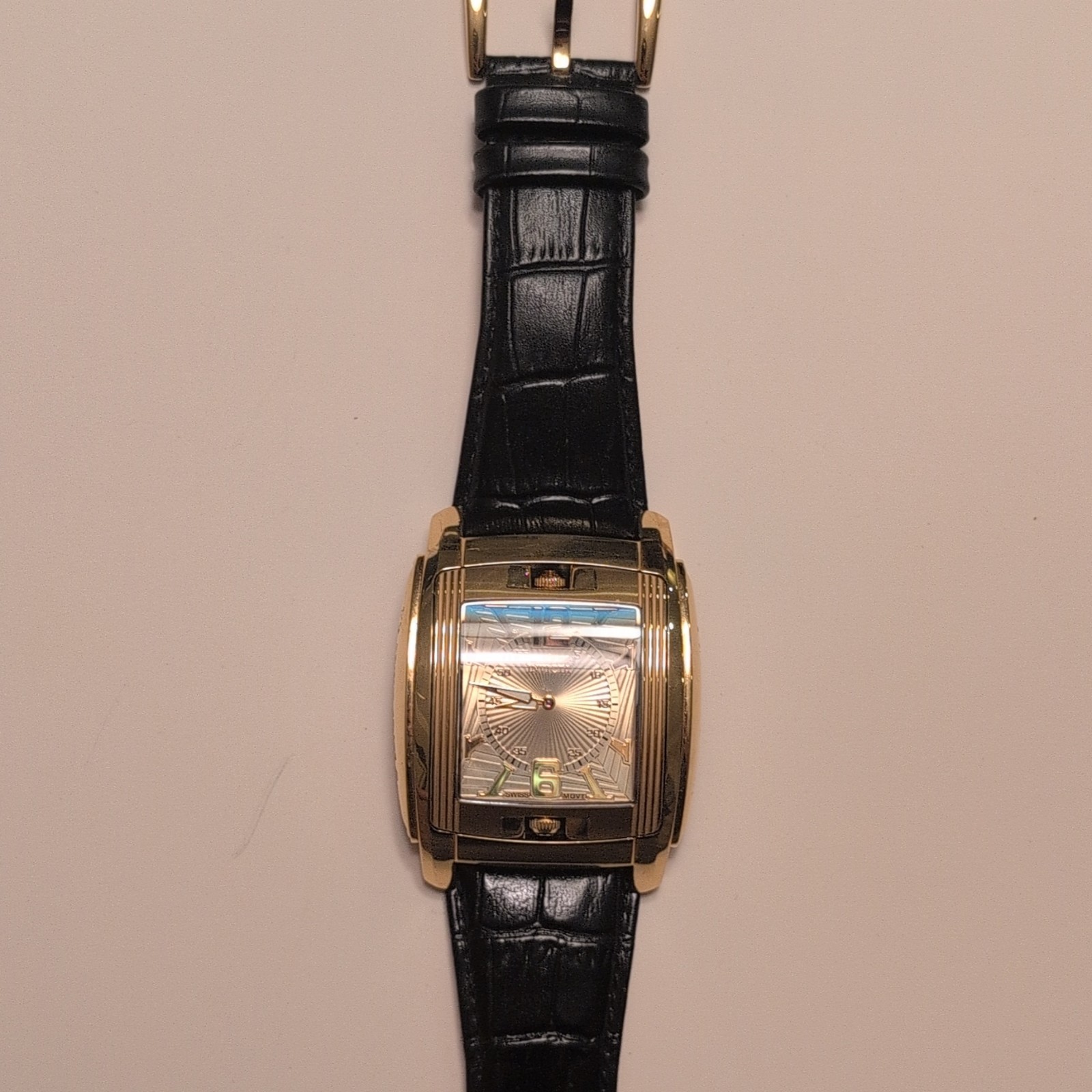 Invicta 22390 Quartz Rectangle Gold Tone Case Black Dial Leather Strap 50m