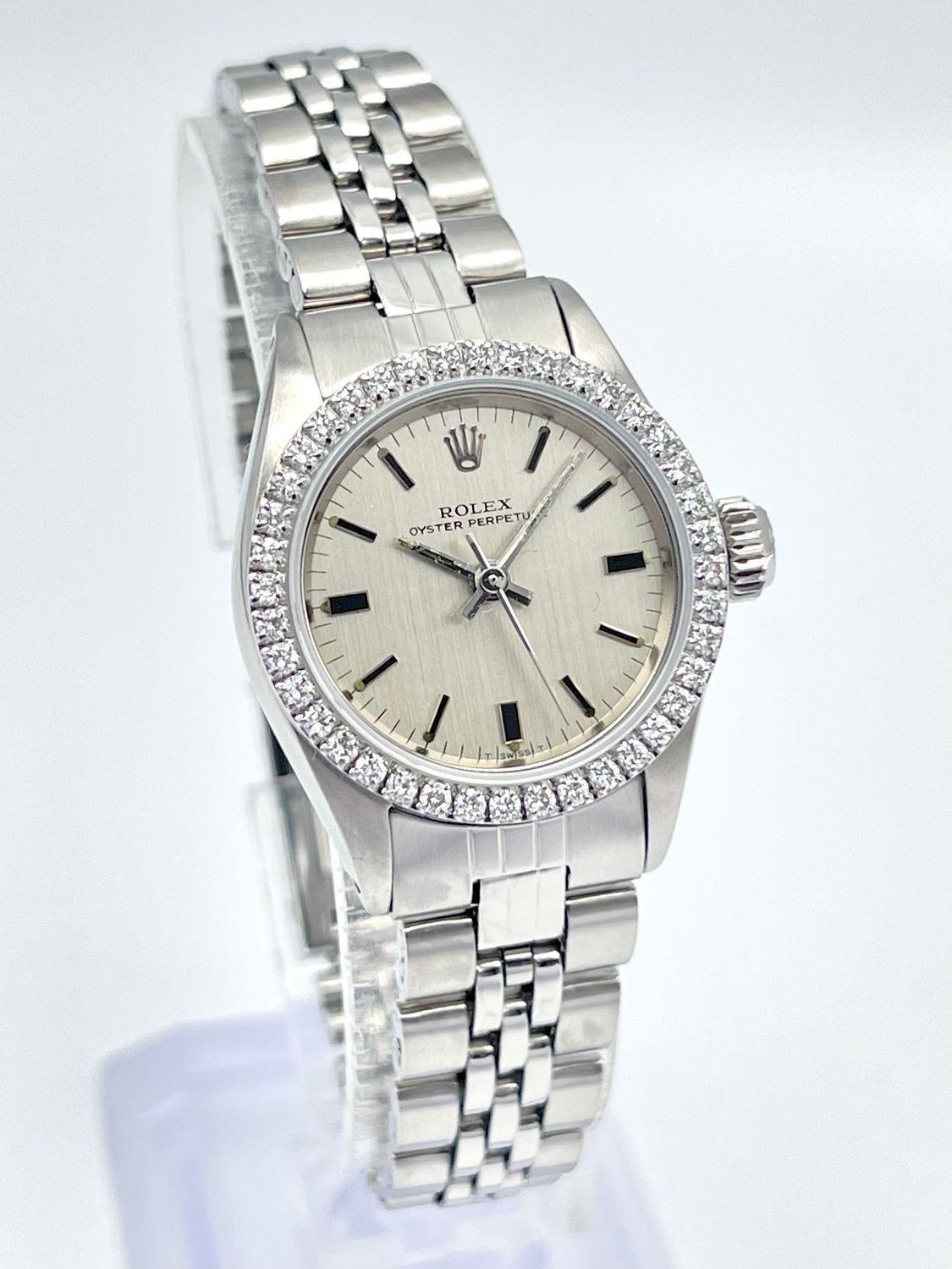 Rolex Oyster Perpetual 24mm 6619 Silver Baton Dial Diamond Bezel Jubilee Box