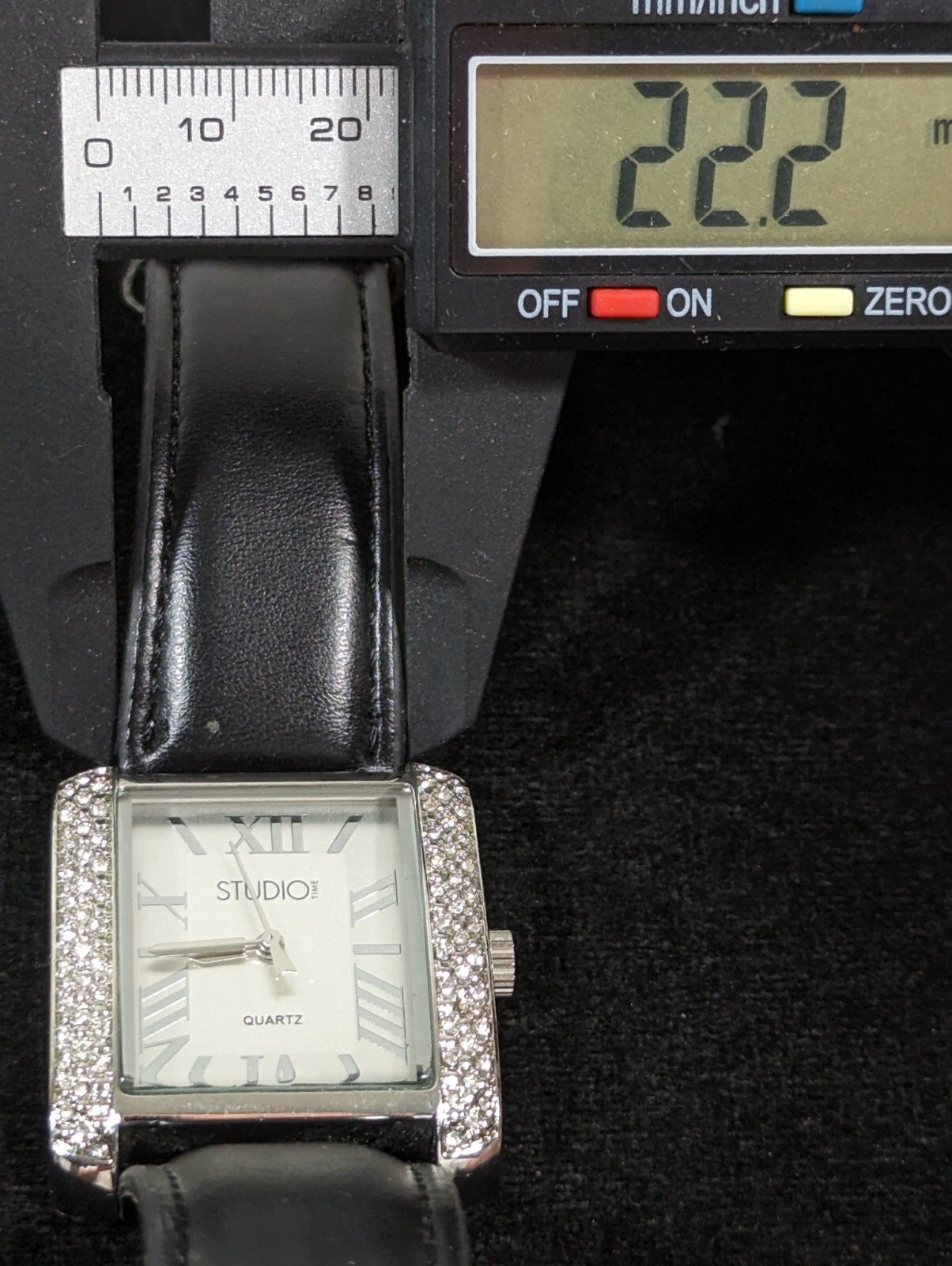 Studio Silver Tone Dial Crystal Accent Rectangle Case Black Band Watch 7.5 In