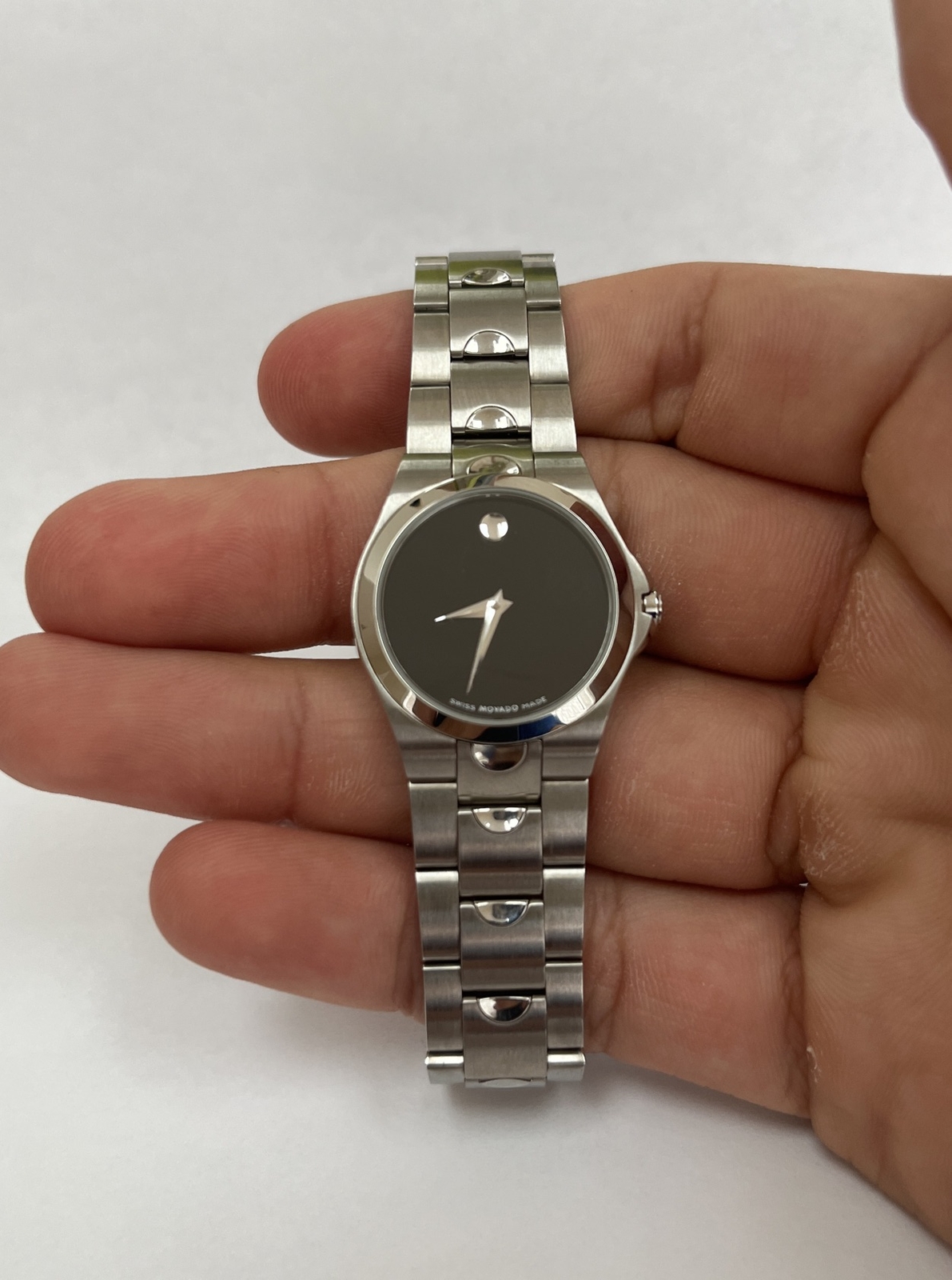 Women’s Movado Luno Sport Black Dial Stainless Steel Swiss Quartz Watch. Unique.