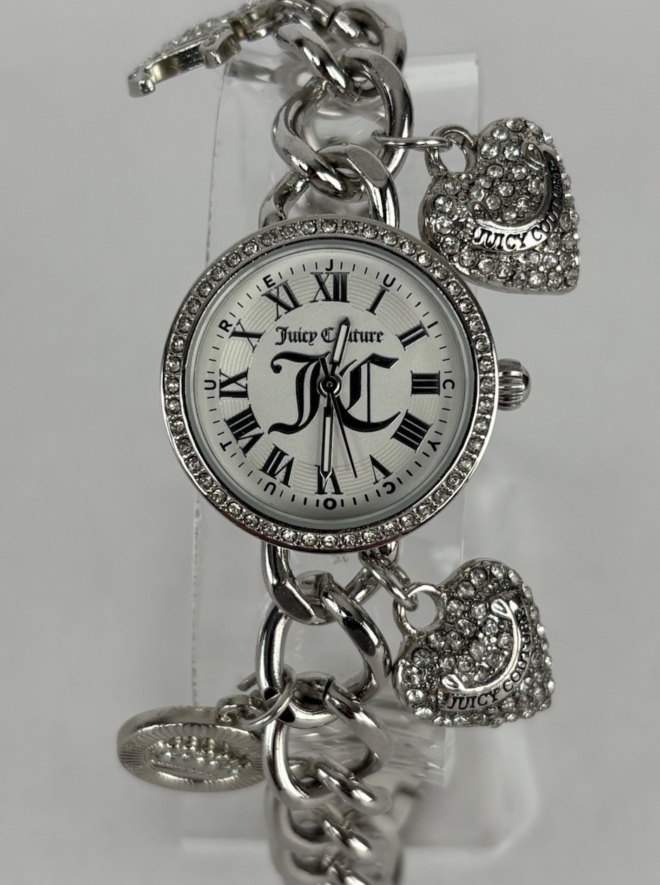 Juicy Couture 30mm Silver Tone Gem Quartz Watch w/Charm Bracelet & New Battery