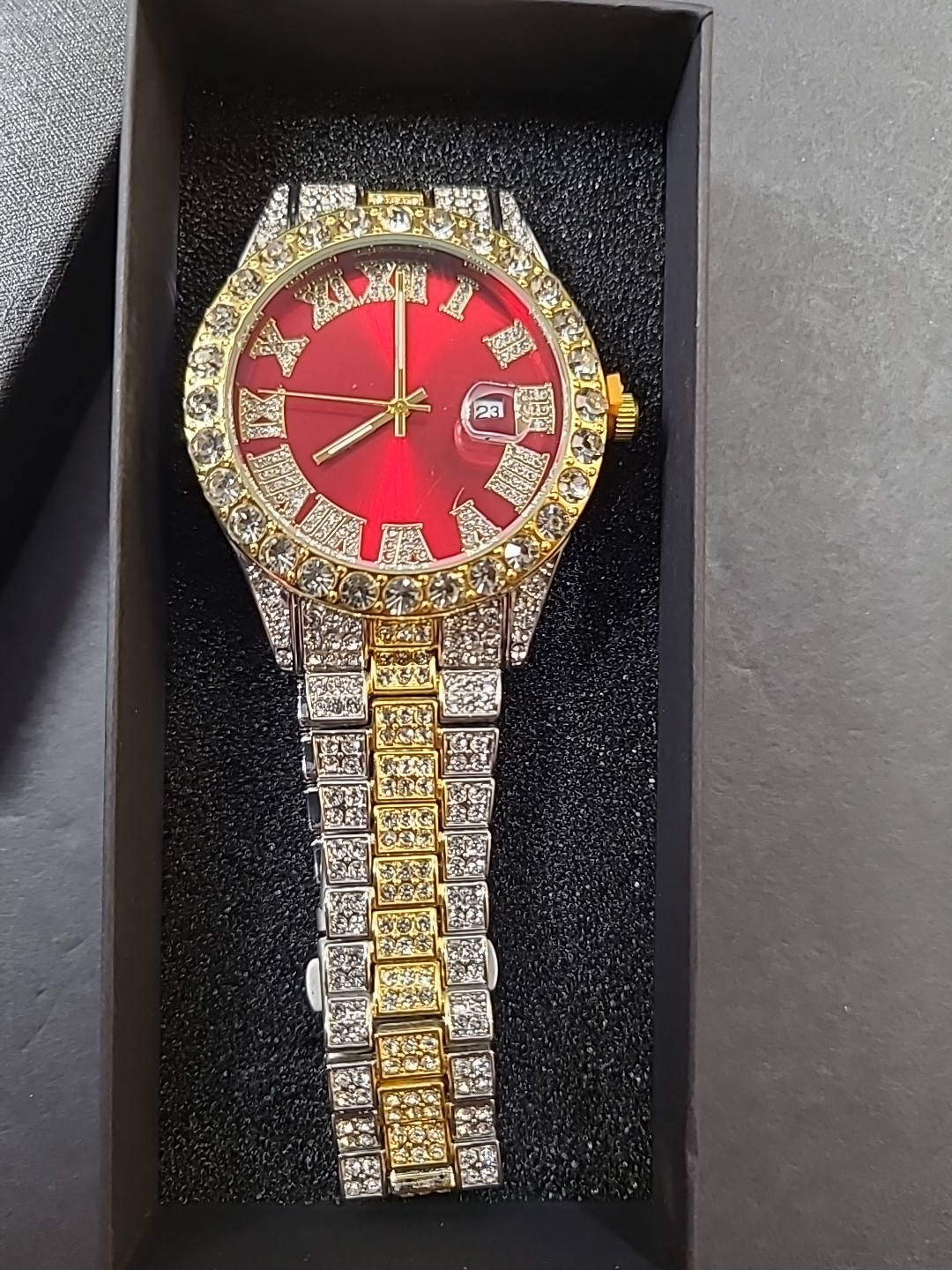 Men’s Iced Out Watch Silver And Gold With Red Dial Cubic Zirconia 9 1/4″ Band