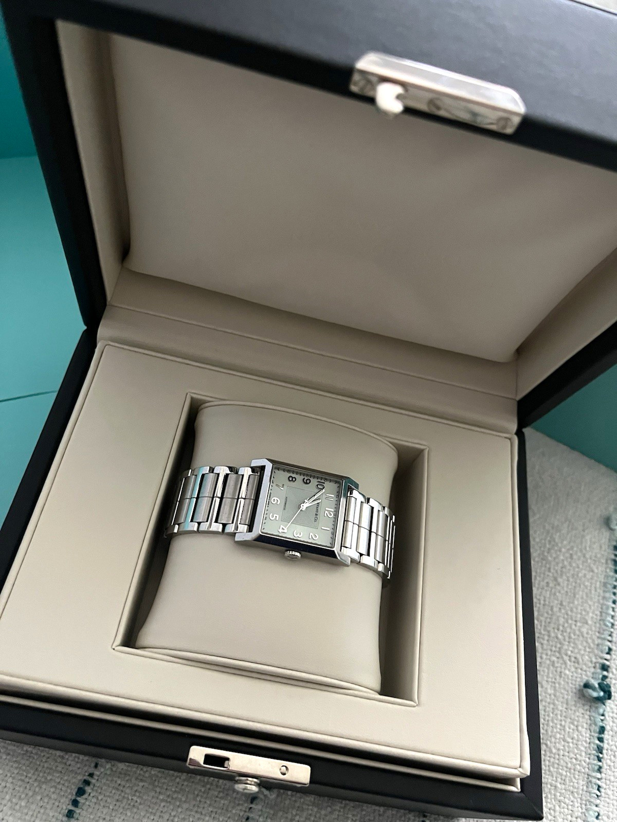 Tiffany & Co. East West Auto 33mm Silver Dial SS Rectangle Watch Box Papers