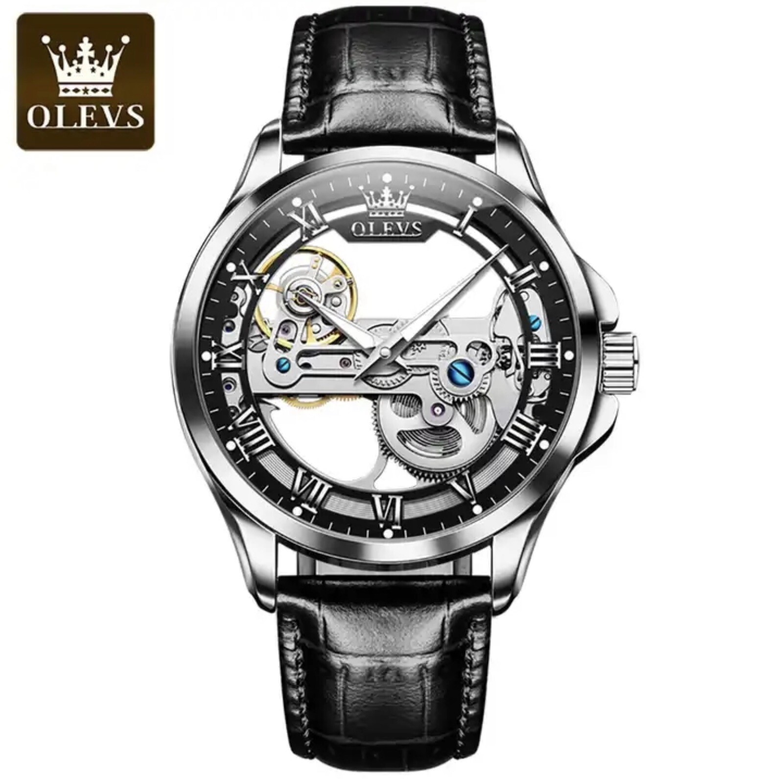 OLEVS Skeleton Watches for Men Automatic Self Winding Mechanical Luxury Leather