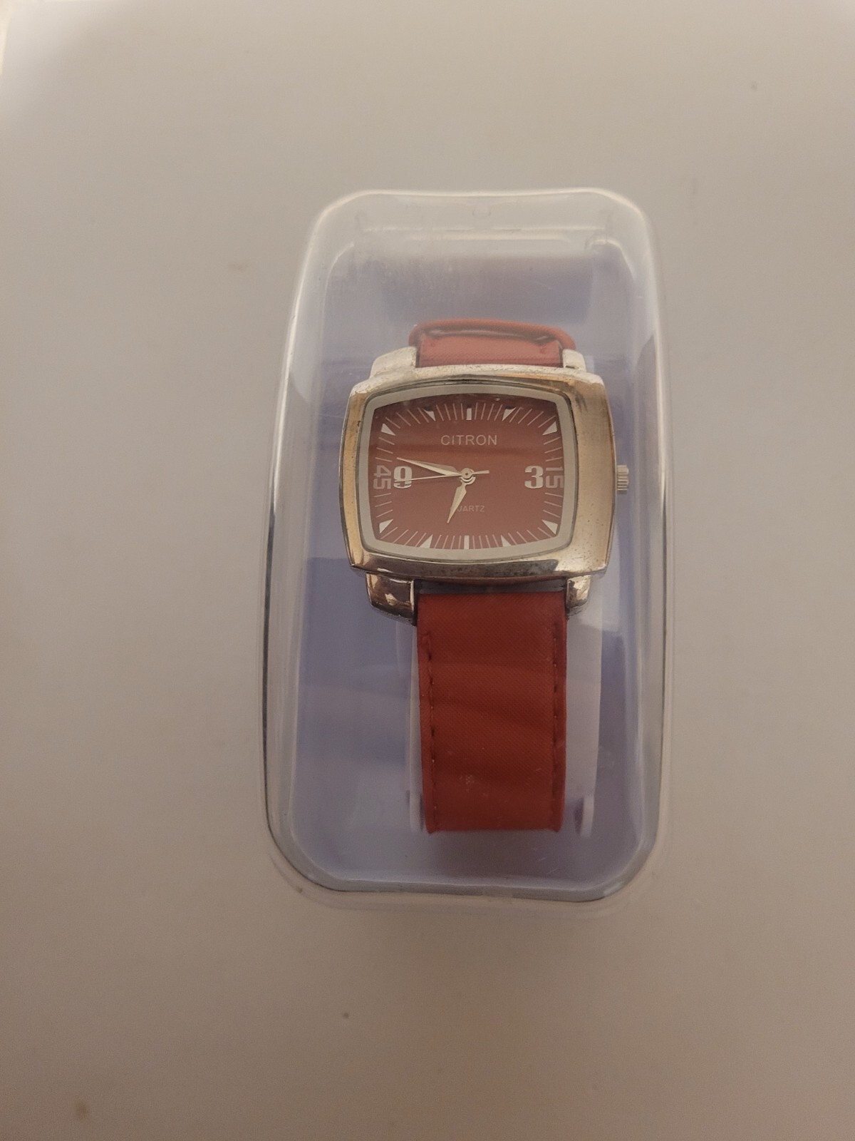 Large Red Leather Fabric Styled Citron Quartz Watch In Box