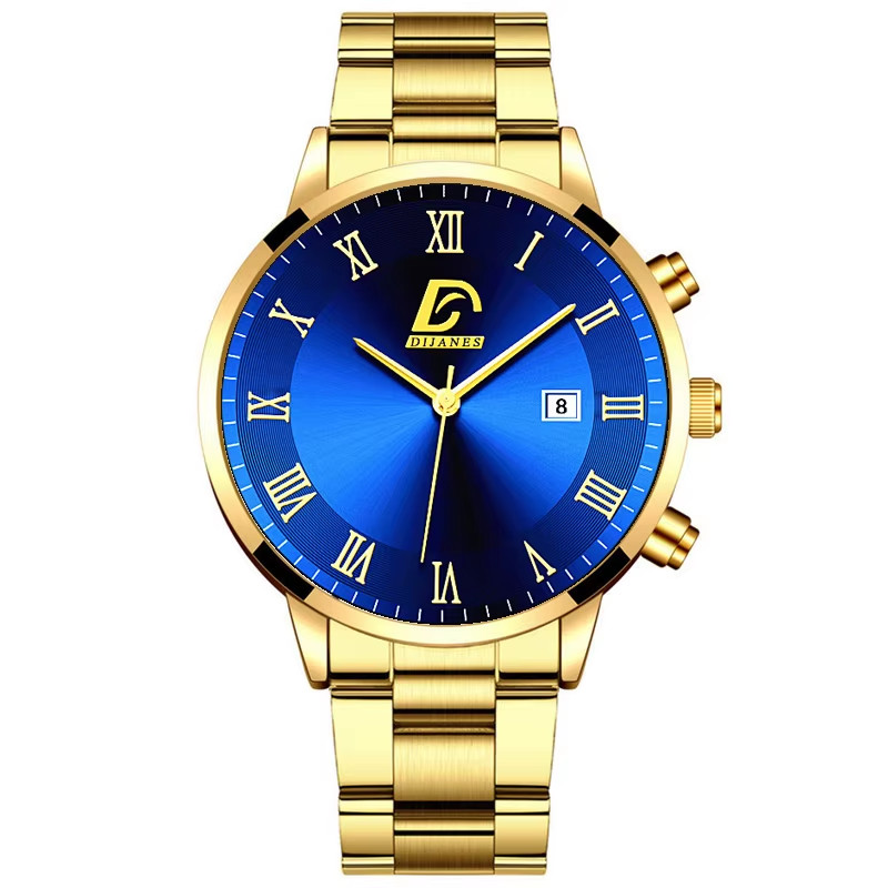 Men’s Luxury Minimalist Gold Stainless Steel Quartz Watch with Calendar