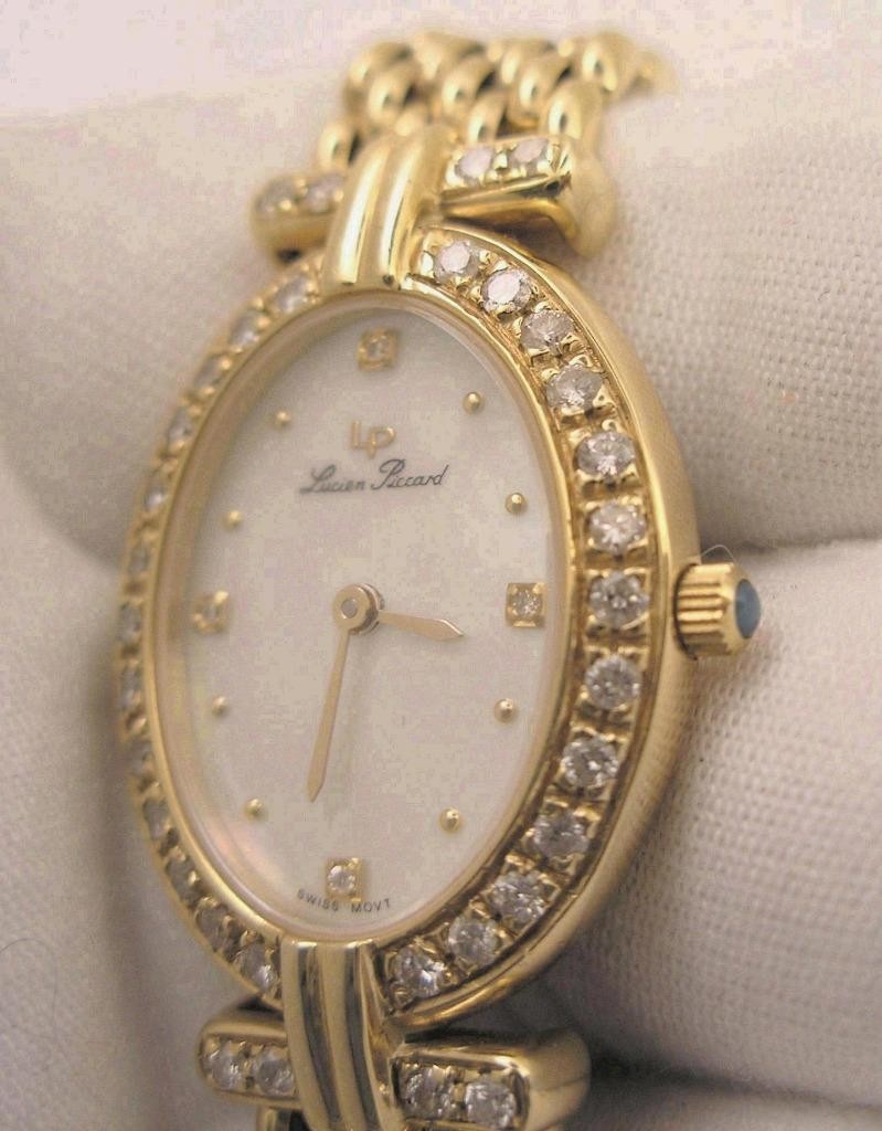 Rare Ladies Lucien Piccard Mother of Pearl 14 K Gold and Diamond Watch w Box +
