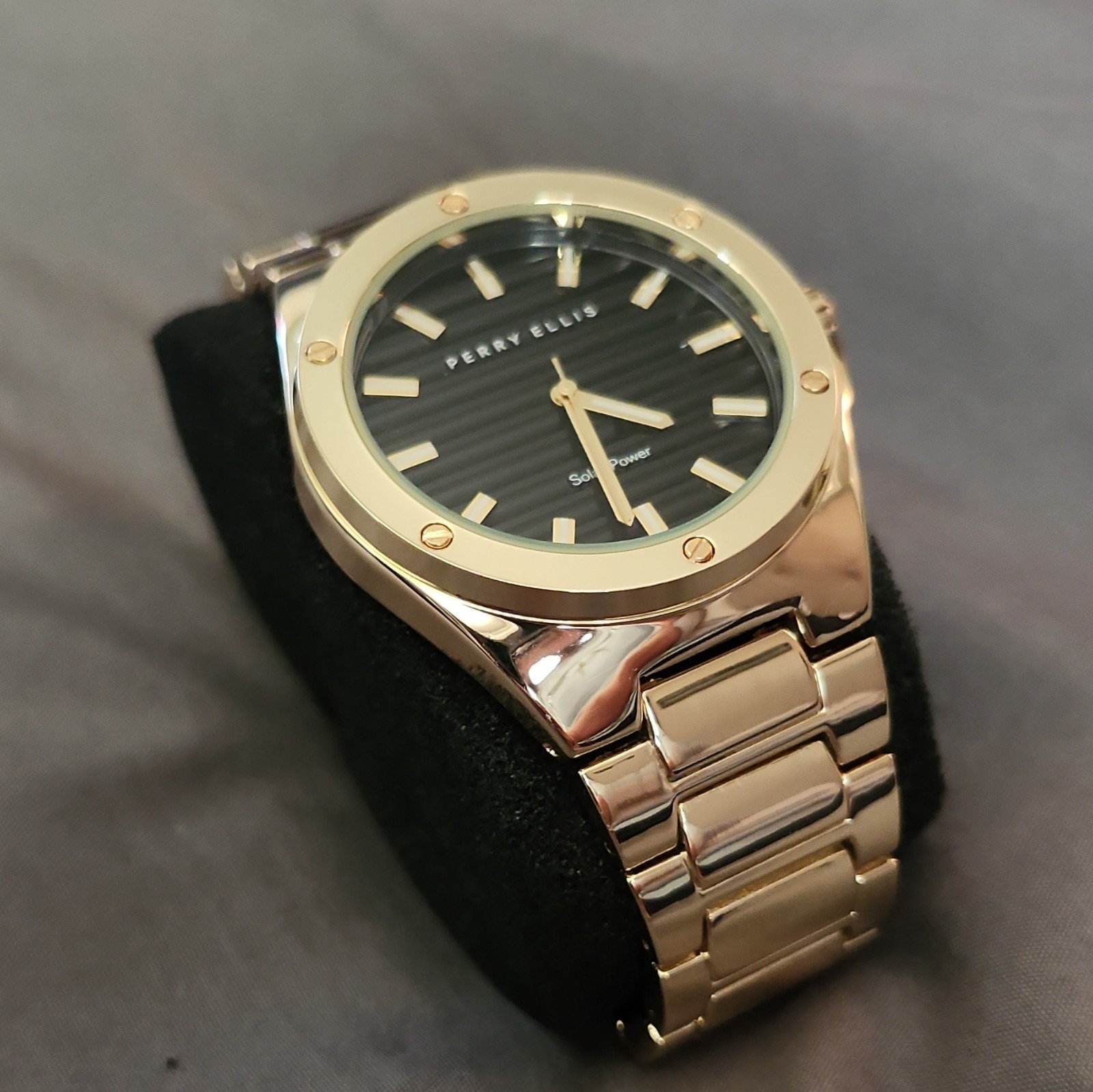 Perry Ellis Solar Powered Black Dial Gold Tone SS Bracelet 30m 42mm Men’s