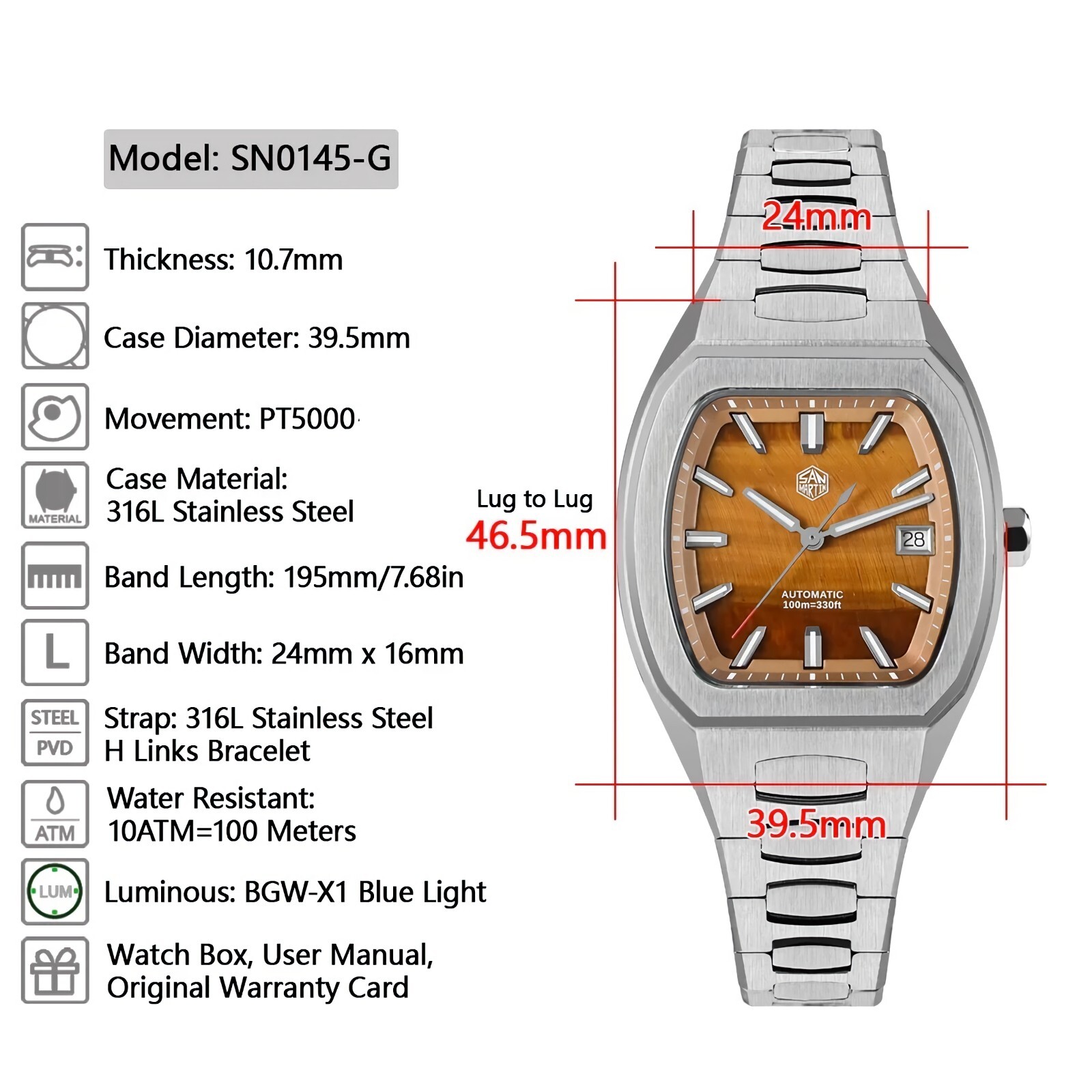 SAN MARTIN SN0145-G Automatic Stainless Steel 39.5mm Barrel Shape Case Men Watch