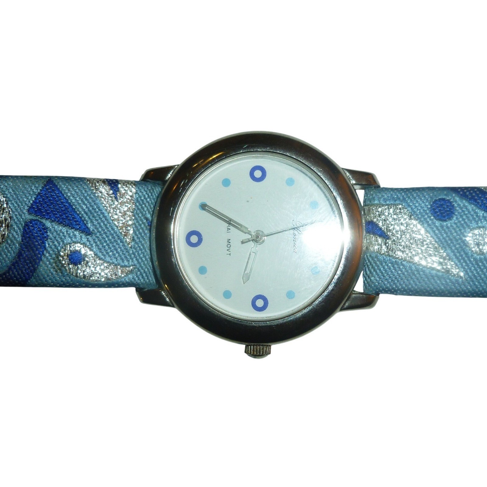 Ronica Womens Watch Blue Silver Paisley Fabric Leather Band New Battery Y2K