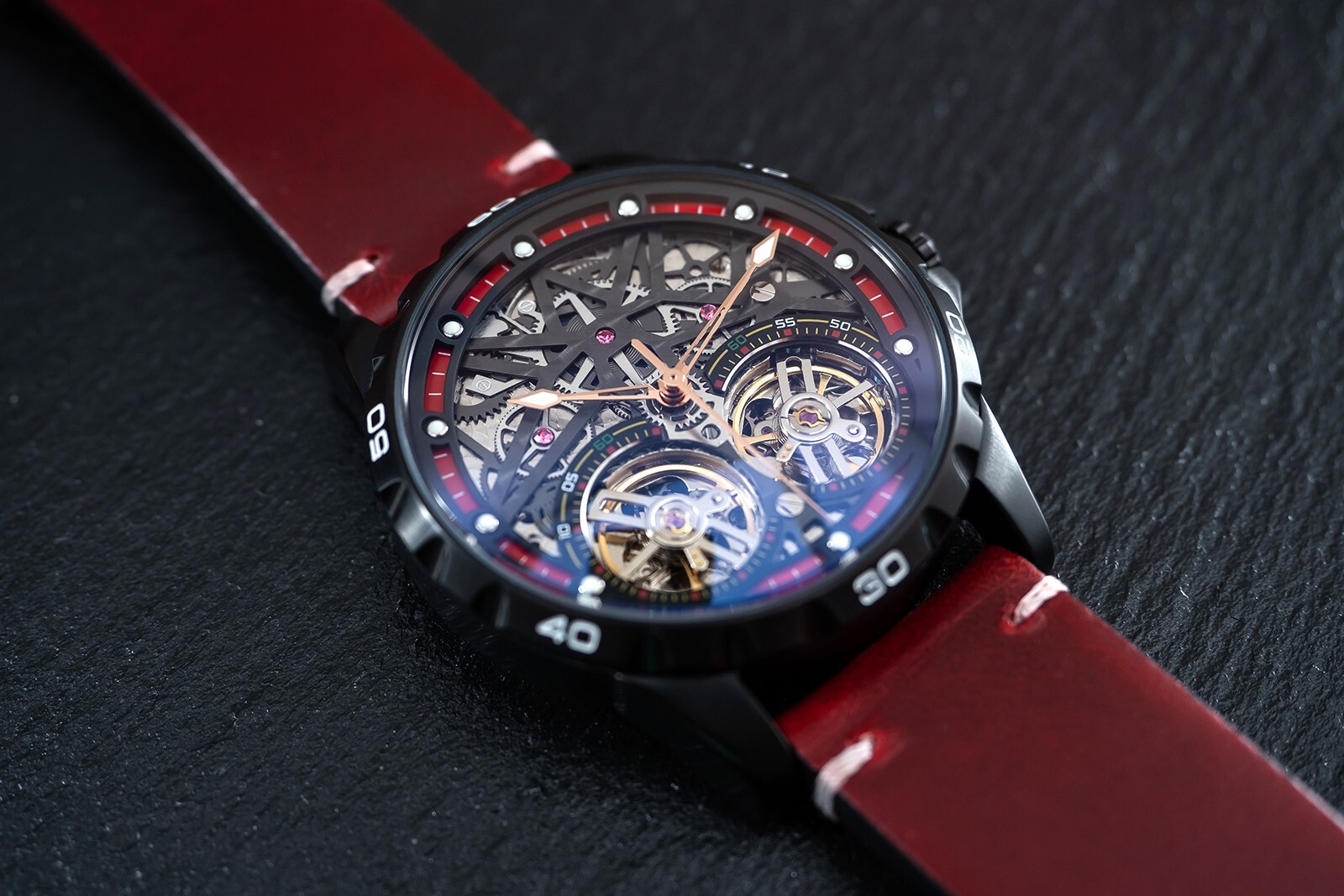 Mens Black Double Flywheel Automatic Mechanical Watch Oil Waxed Dark Red Leather