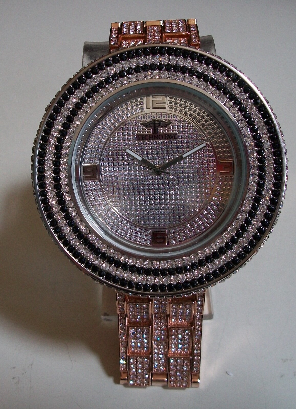 Men Rose Gold, Silver Finish Black, Clear Stone Fashion Dressy Hip Hop Watch