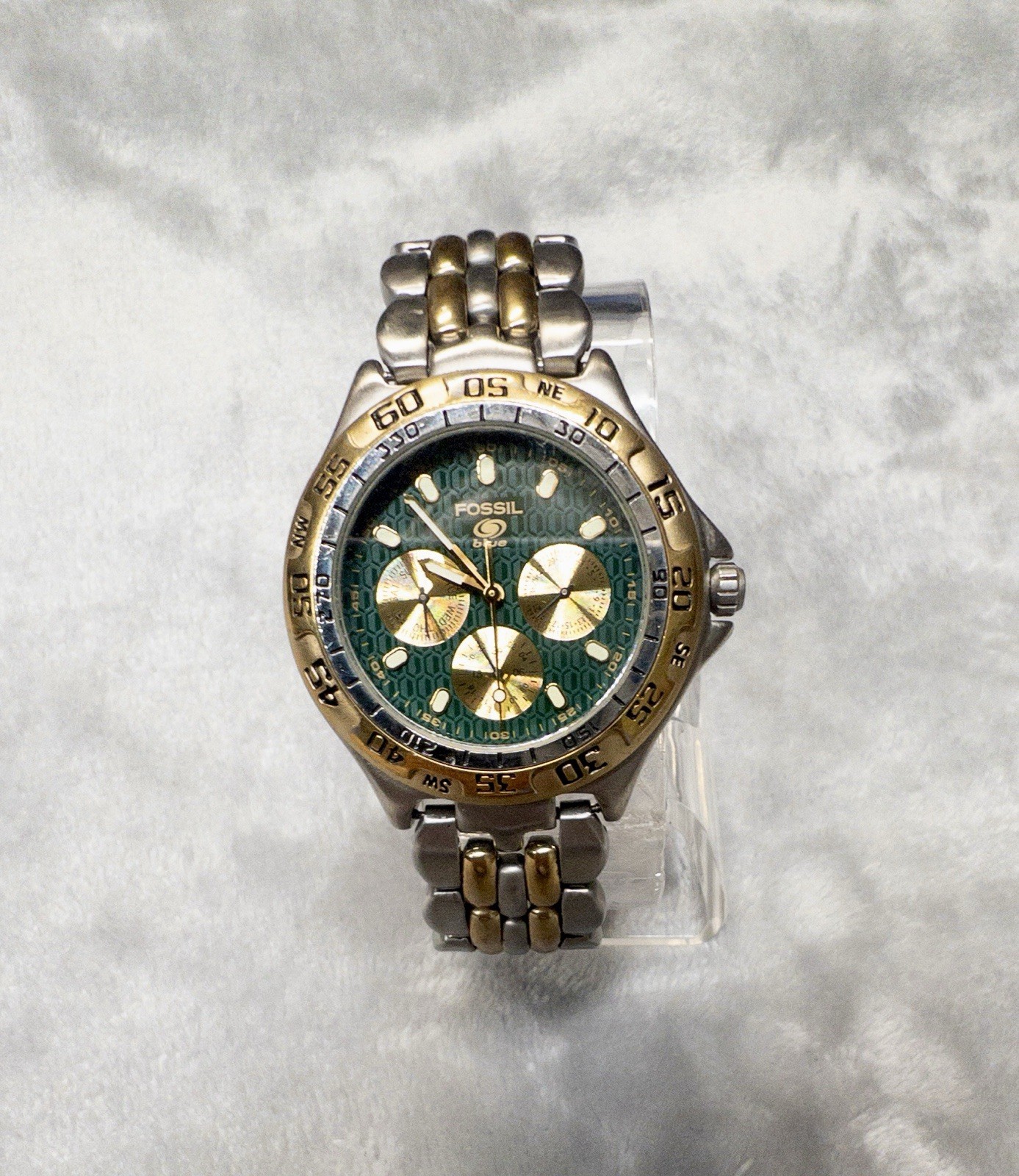 Vtg Fossil BQ-8776 Blue Mens Dial 2 Tone Multifunction Watch Green New Battery