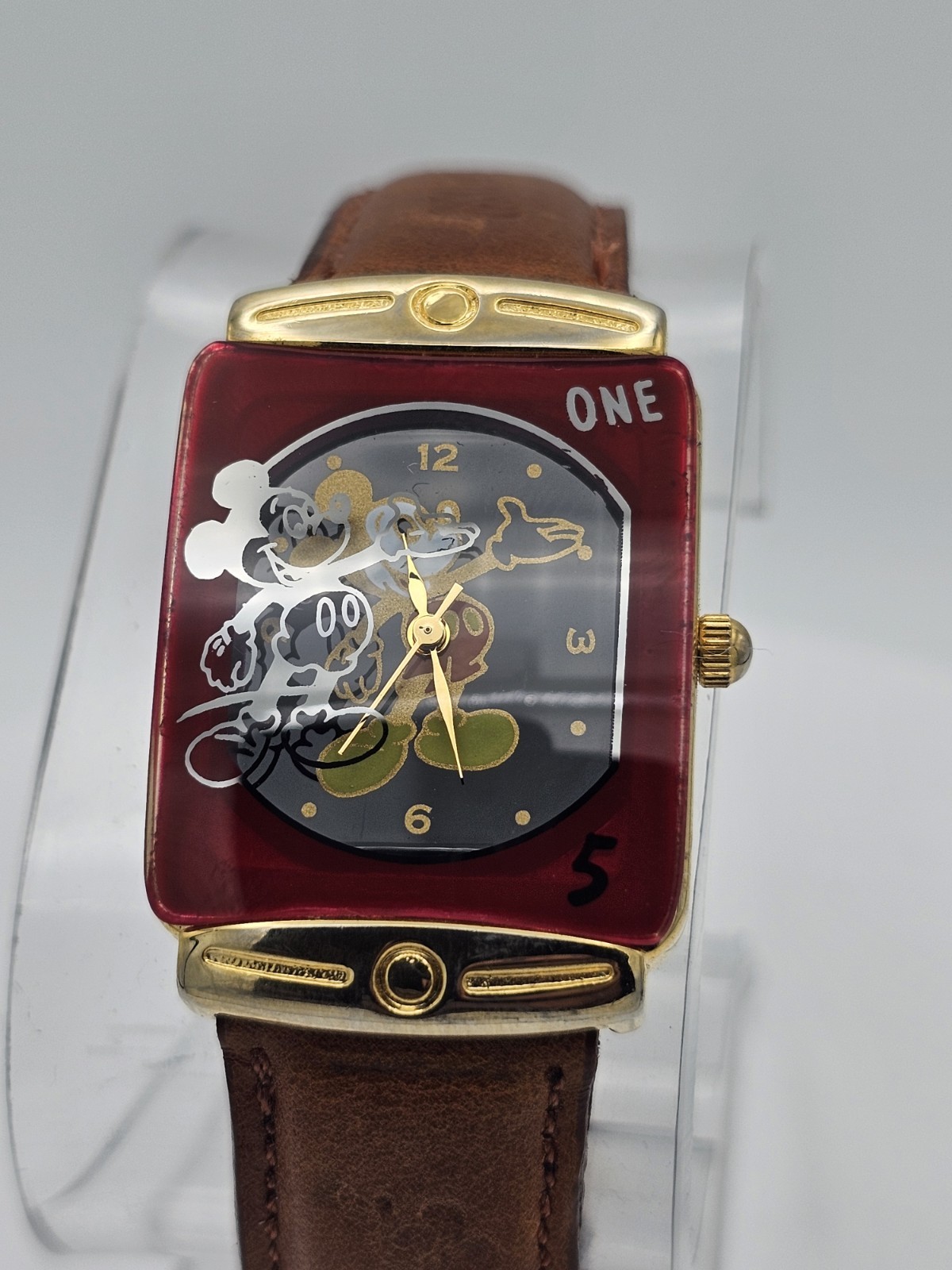 Disney Mickey Mouse Quartz Rectangle Red/Gold Tone Case Brown Leather Strap 25mm