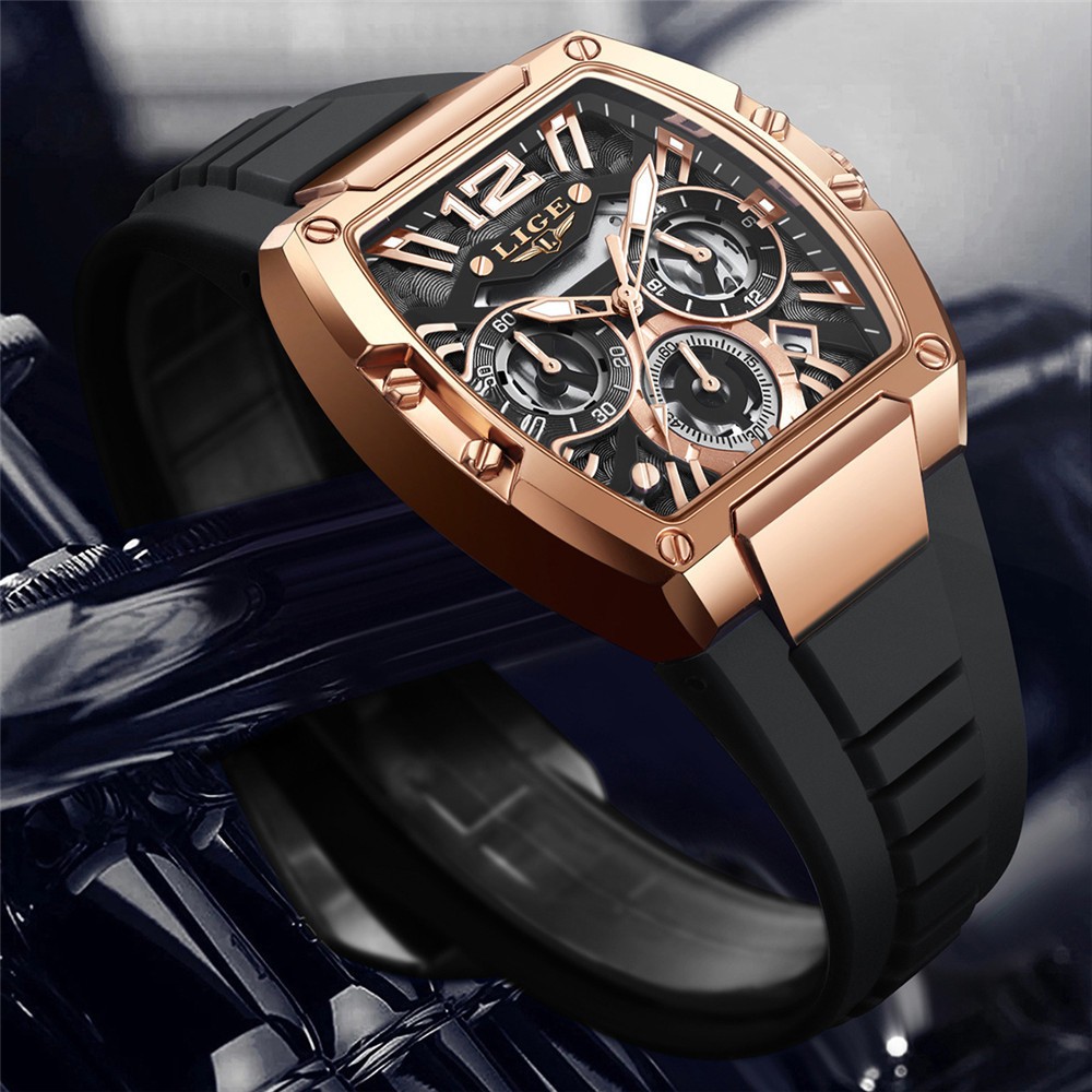 LIGE Men Rectangle Watch Big Dial Chronograph Wristwatch Boy Outdoor Sport Watch