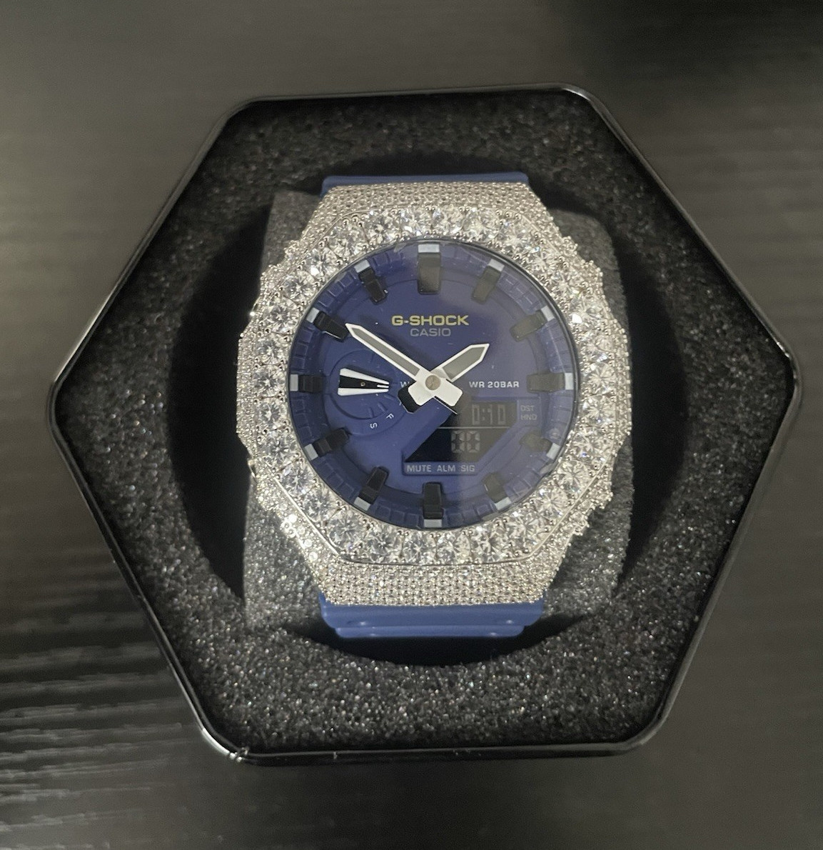 Casio G-SHOCK Analog-Digital Octagon 200m Blue Dial Silver Iced Bezel Box