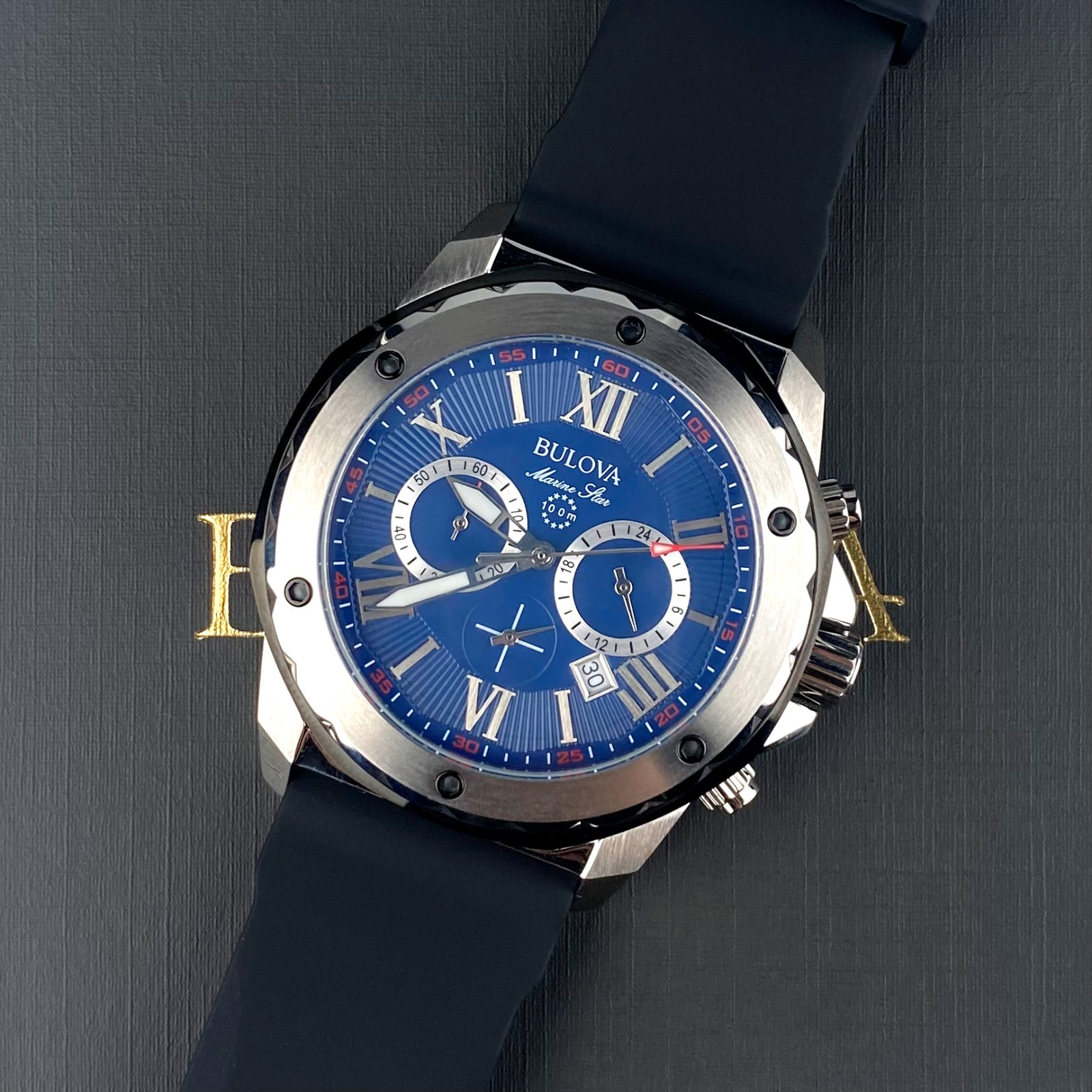 Bulova Marine Star 98B258 Quartz 44mm Blue Dial Black Rubber Strap Men’s Watch