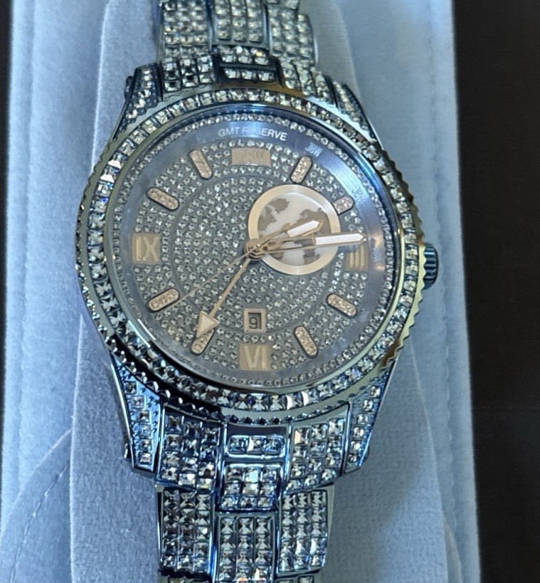 Bust Down RESERVE JET SETTER GMT AQUA 46mm – 1065 Crystals – 23 VS Lab Diamonds
