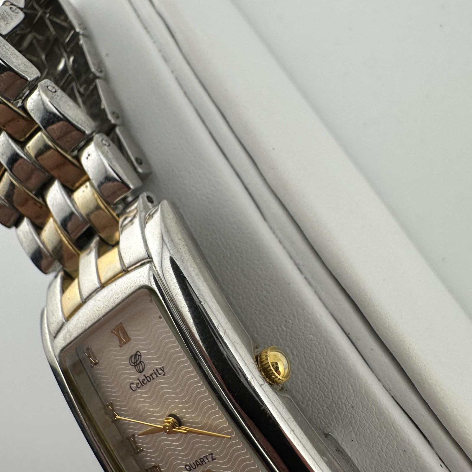 Celebrity Quartz Watch Rectangular Tank Two-Tone Roman Numeral Date Japan Movt