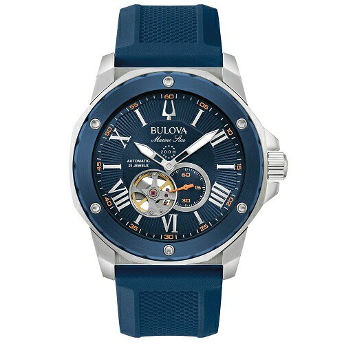 Unused ​BULOVA Marine Star 98A303 Blue Auto 200M Rubber Men’s Watch in Box​