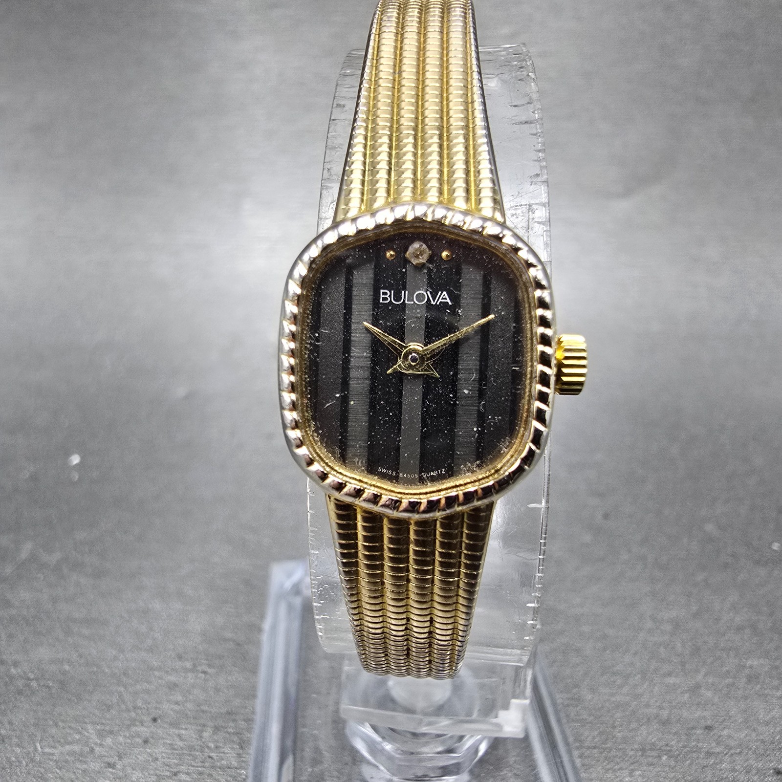 Bulova Watch Women 16mm Black Dial Gold Tone Oval 84505 New Battery Vintage