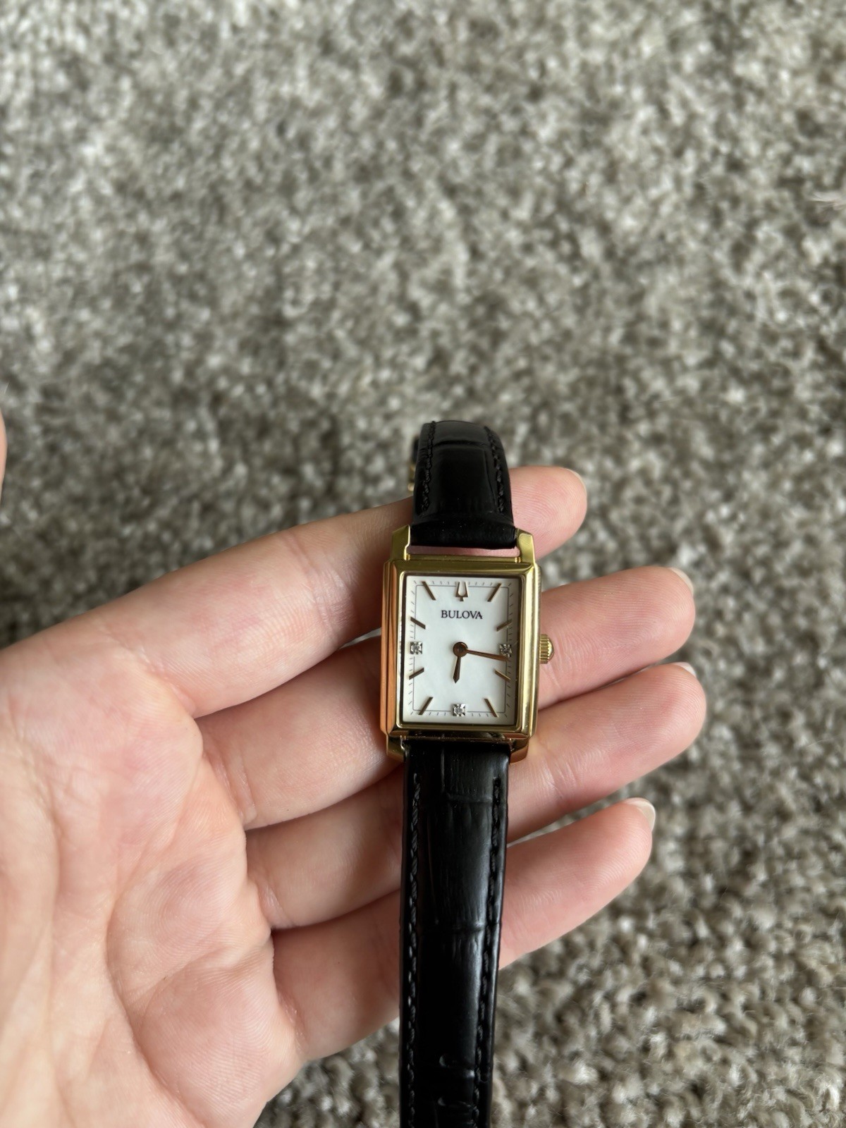 Bulova Gold Sutton Mother-of-Pearl Dial Black Leather Strap Watch 21mm