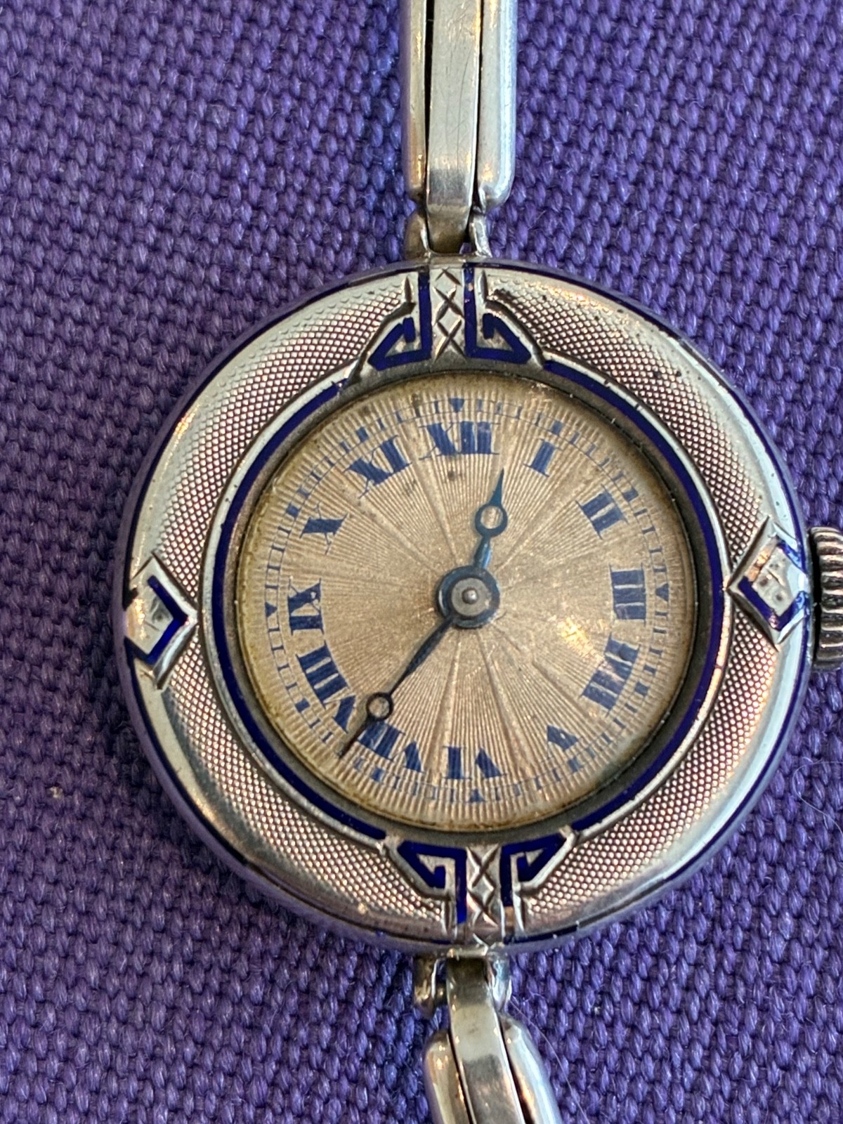1920 Dreyfuss 925 Sterling Silver ladies wristwatch with guilloché blue enamel
