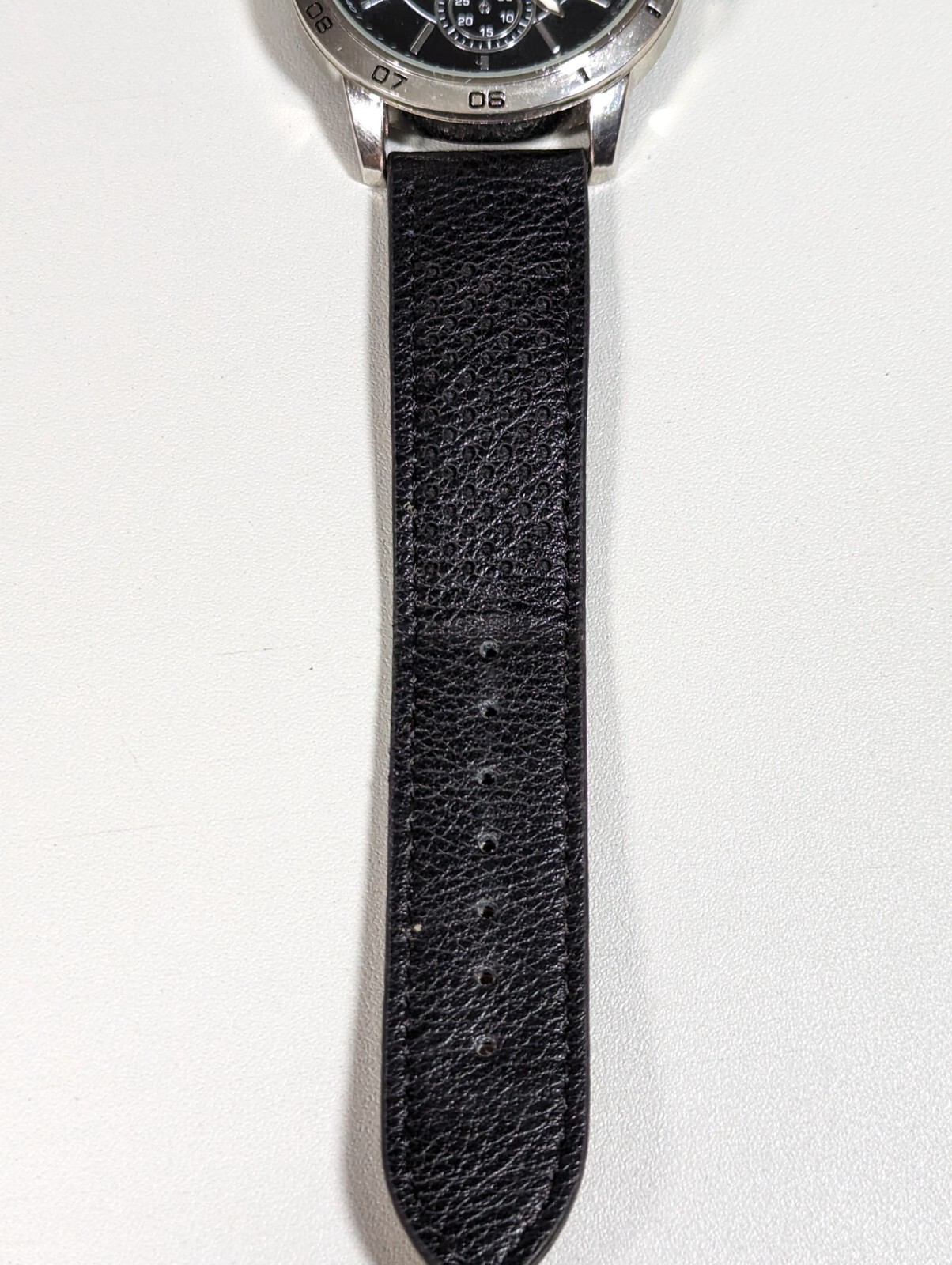 Black Dial Round Silver Tone Case Black Faux Leather Band Watch