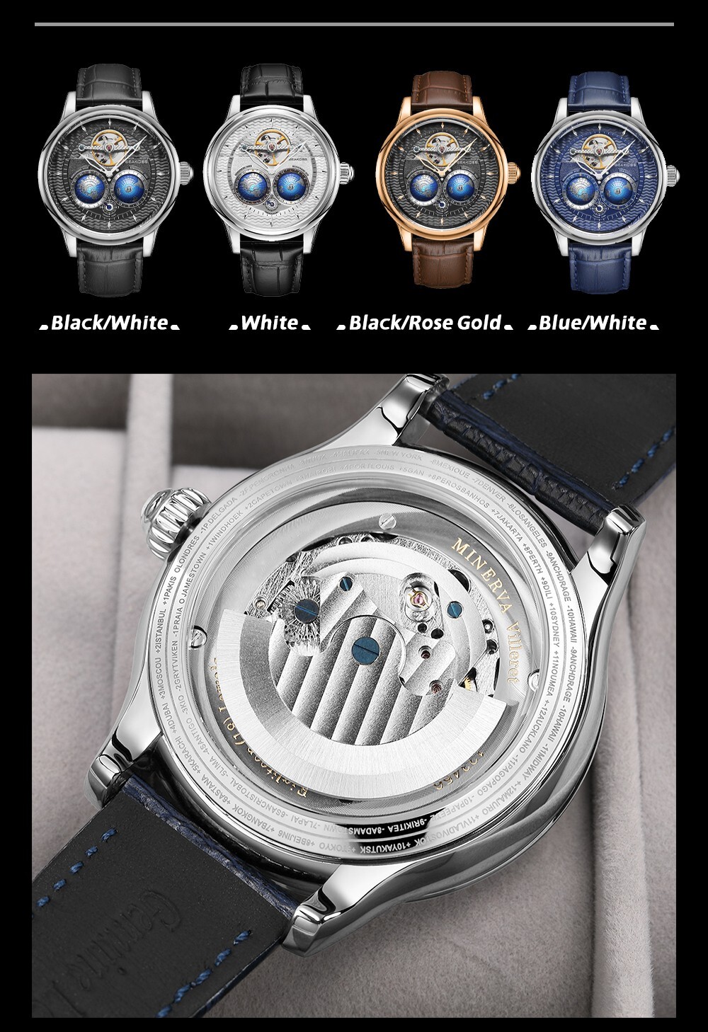 SEAKOSS Men’s Automatic Watch World Time Blue Dial Rose Gold Leather Strap