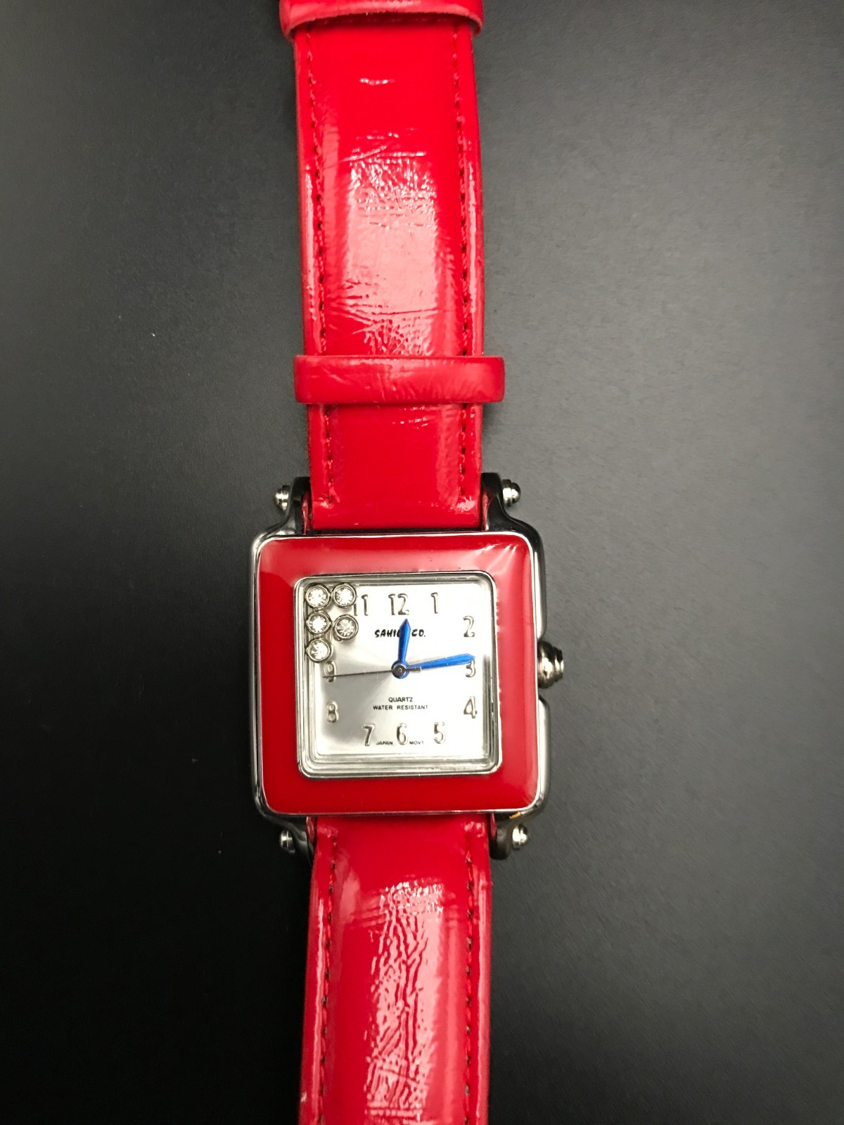 Womens Red Faux Patent Leather Band Watch Silver Dial Blue Hands Jewels- New