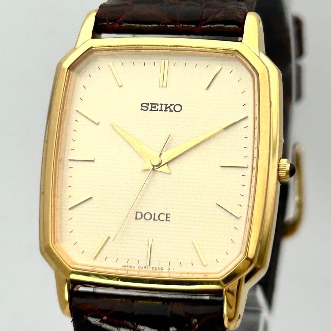 SEIKO Dolce 8J41-5000 Mens Gold Rectangular Quartz Dress Watch Japan 1994