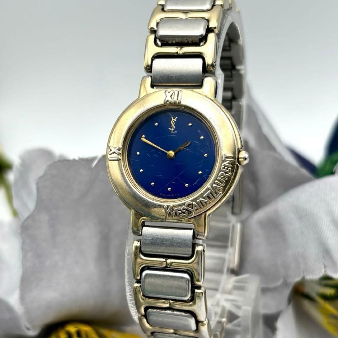 Yves Saint Laurent Quartz Watch Navy Dial Gold 24mm 17cm 6.7in New Battery