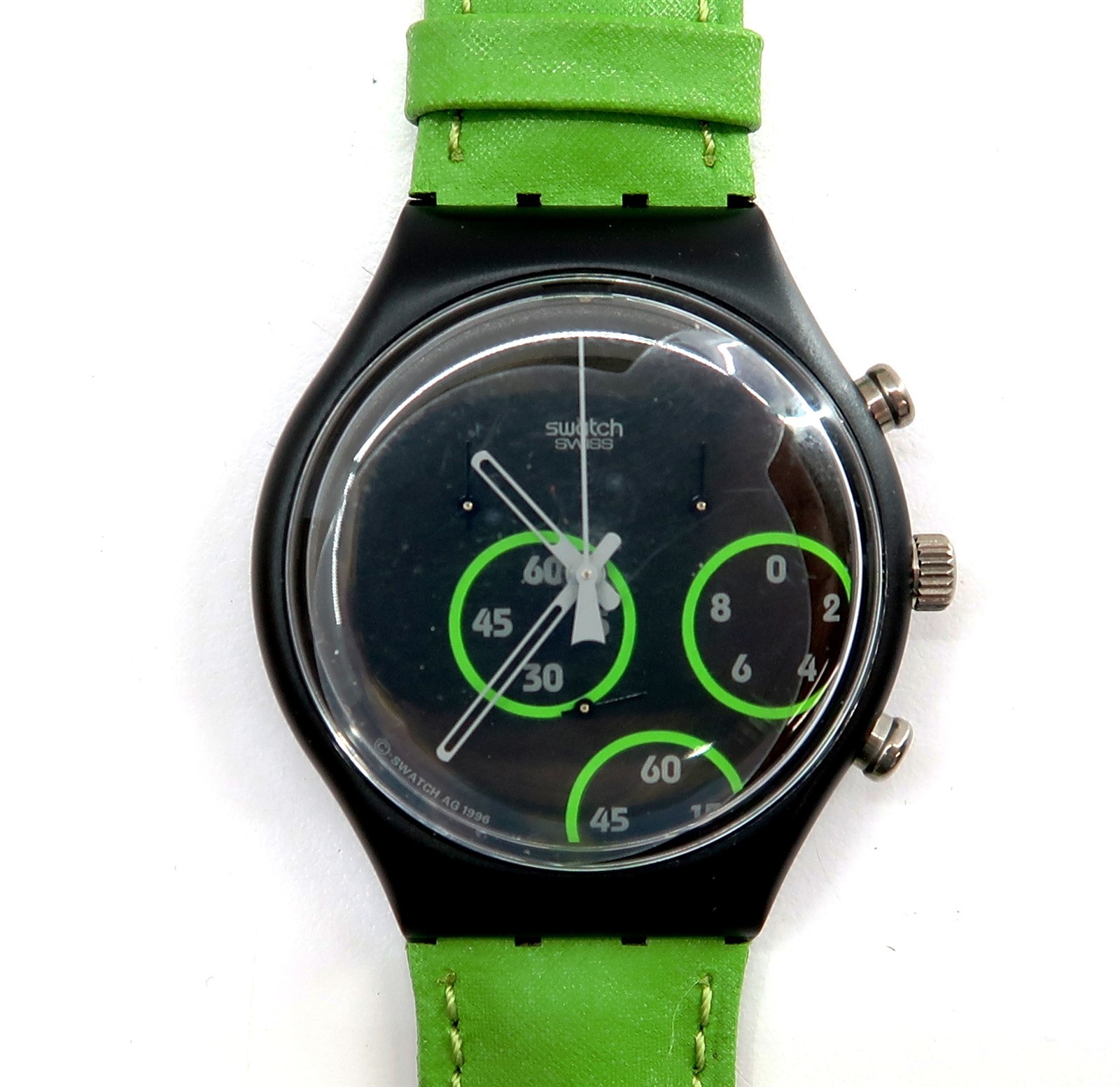 NEW Swatch Chrono Watch EXCENTRIC SCB117 with Case & Papers 1997 NOS New Battery