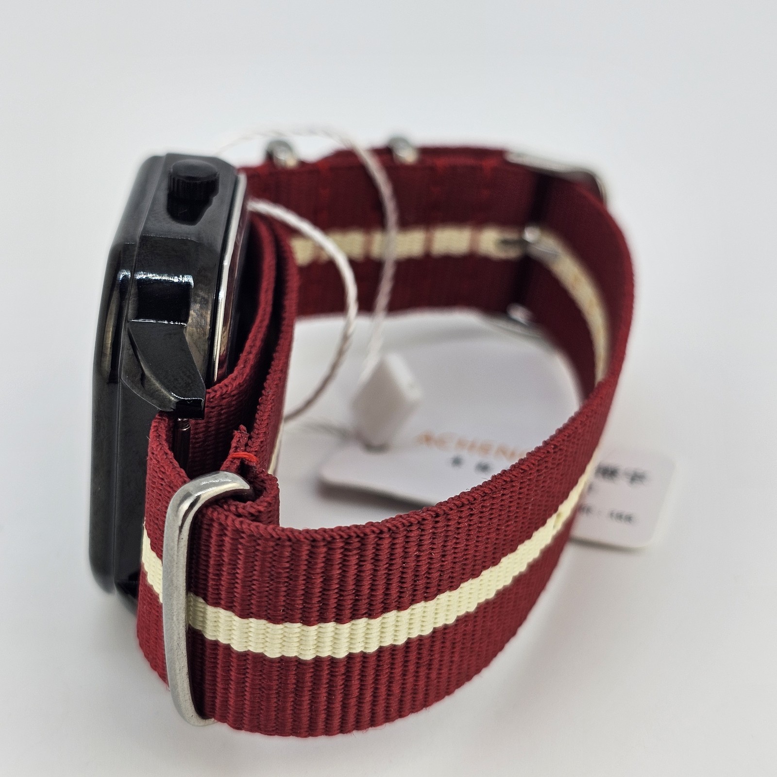 42MM Watch Men Black Dial Date Indicator Red Cream Canvas Band New Battery